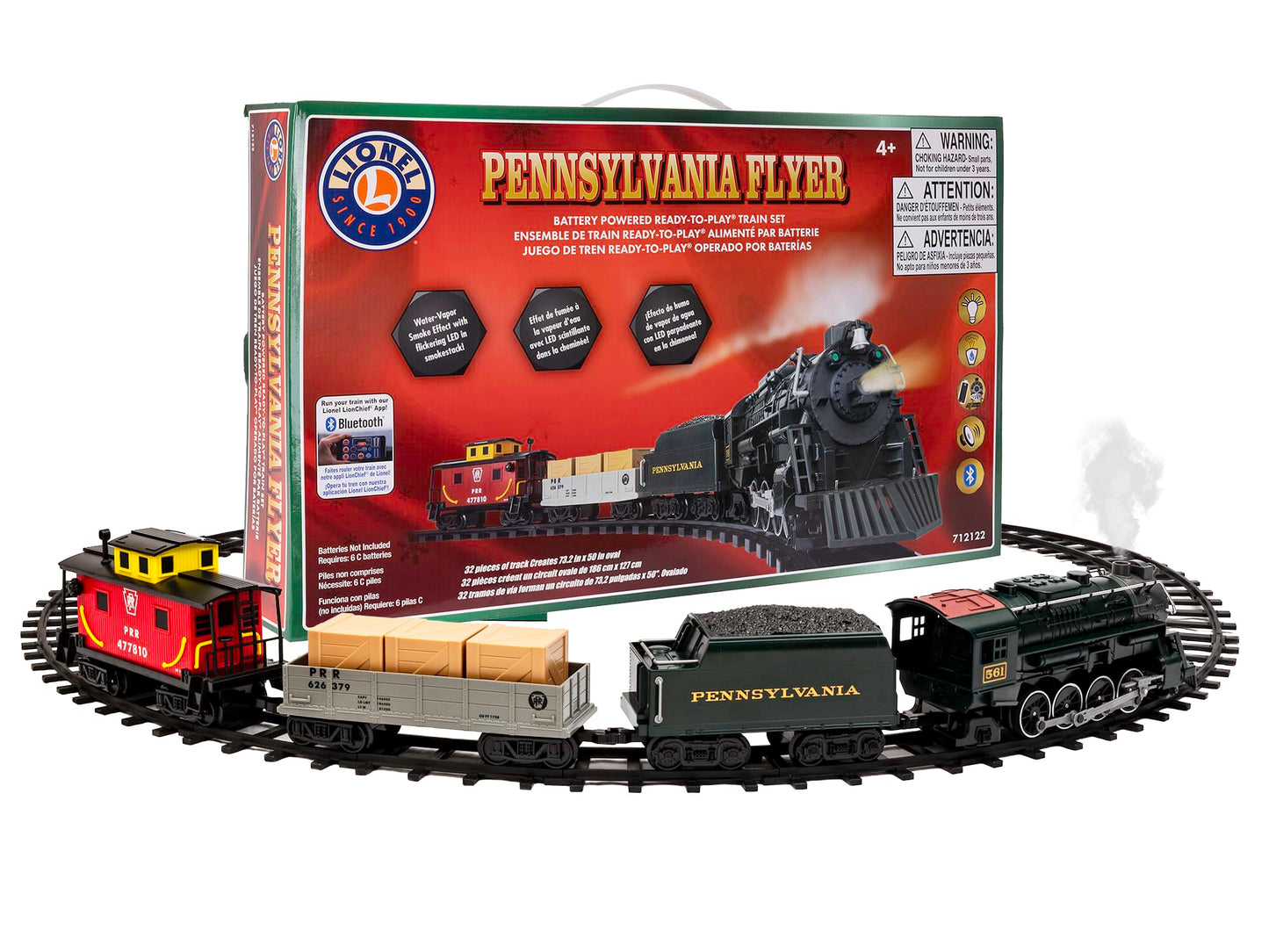 Lionel Battery-Operated Pennsylvania Flyer Freight Toy Train Set with Bluetooth, Locomotive, Train Cars, & Track with Authentic Train Sounds, Lights, & Water Vapor Smoke Effects for Kids 4+