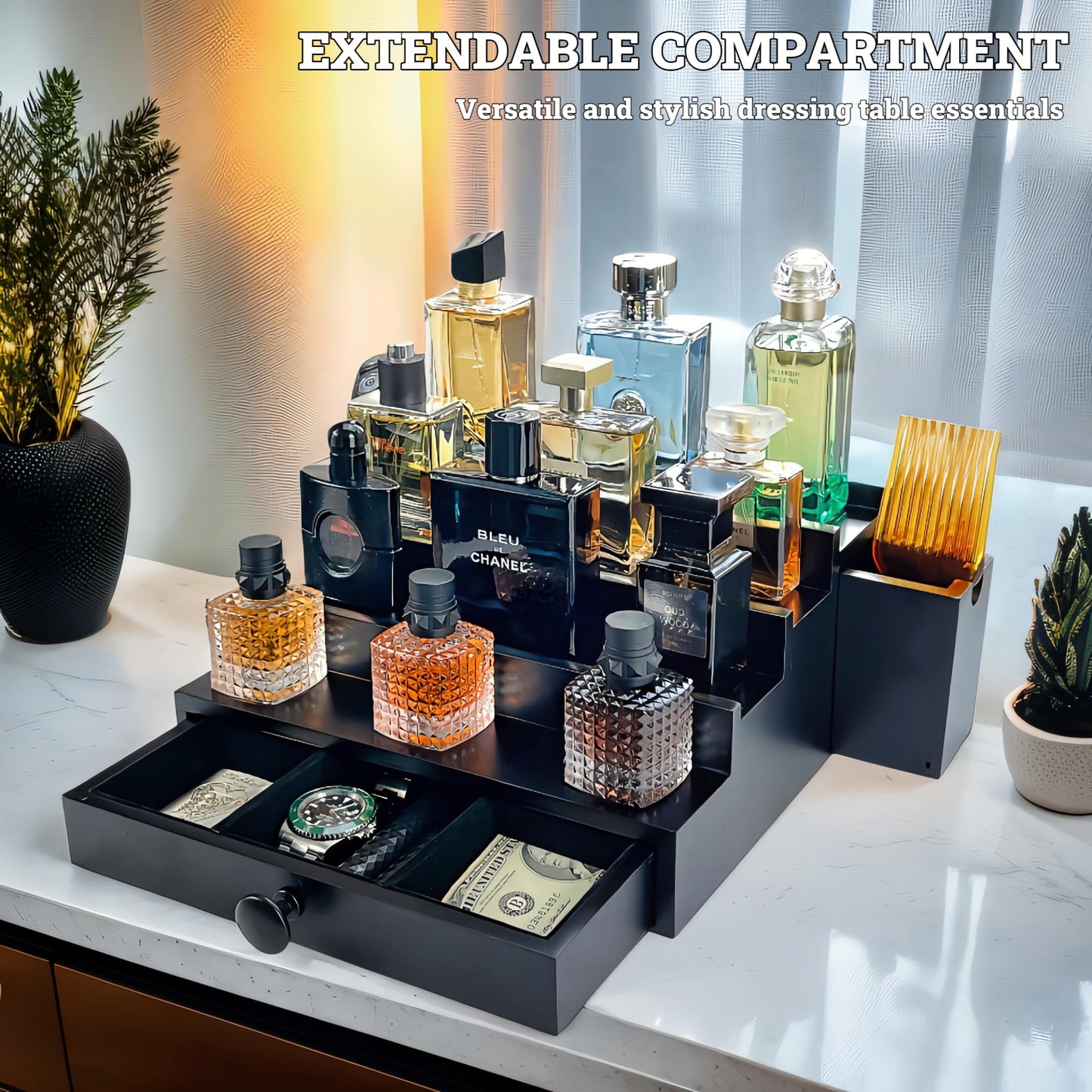 Wooden Cologne Organizer For Men 4 Tier Black | High Grade Velvet Lining and Stylish Gift Box | Double Side Compartment | Space Aid Cologne Holder | Perfume Display Stand | Men's Room Essential
