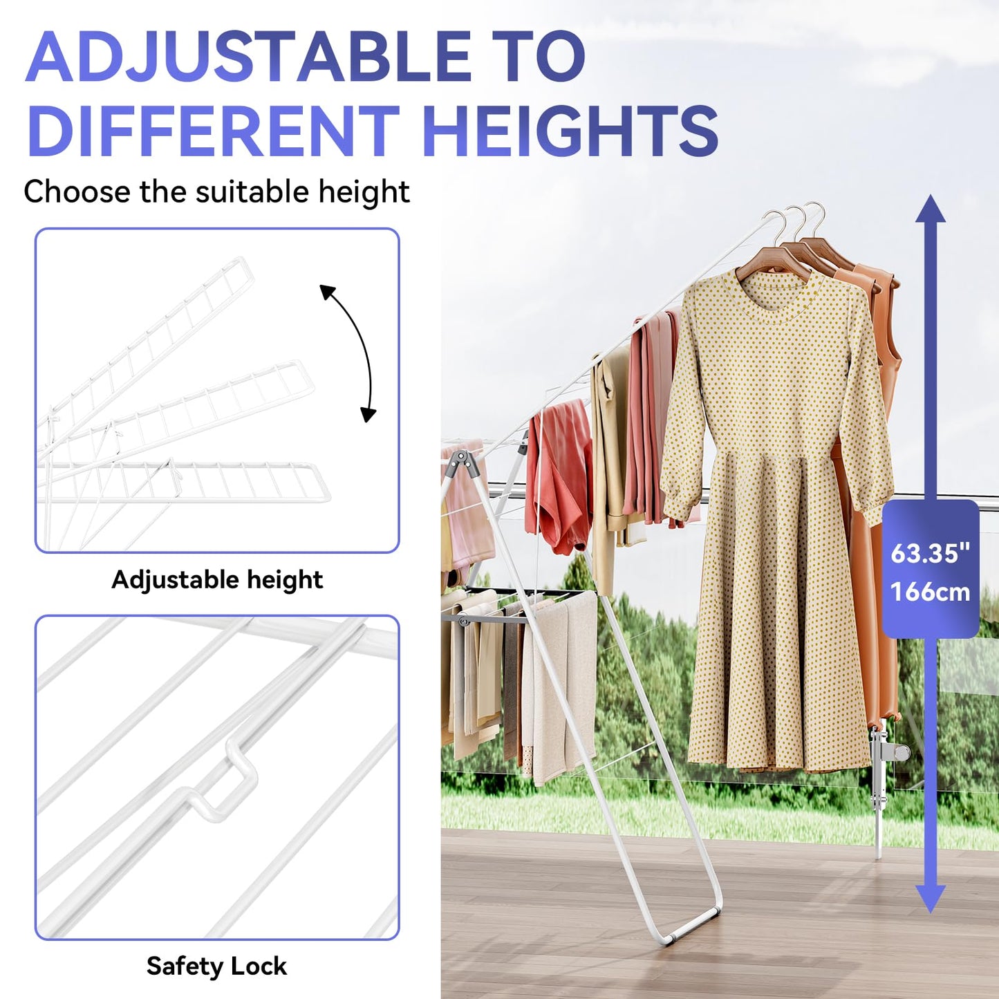 APEXCHASER Clothes Drying Rack, Foldable Oversized Drying Rack Clothing with U-Shaped Foot Cover, Height-Adjustable, Multi-Bar Laundry Rack, Indoor Outdoor Use, 20.47"D x 70"W x 42.52"H, Pearl White