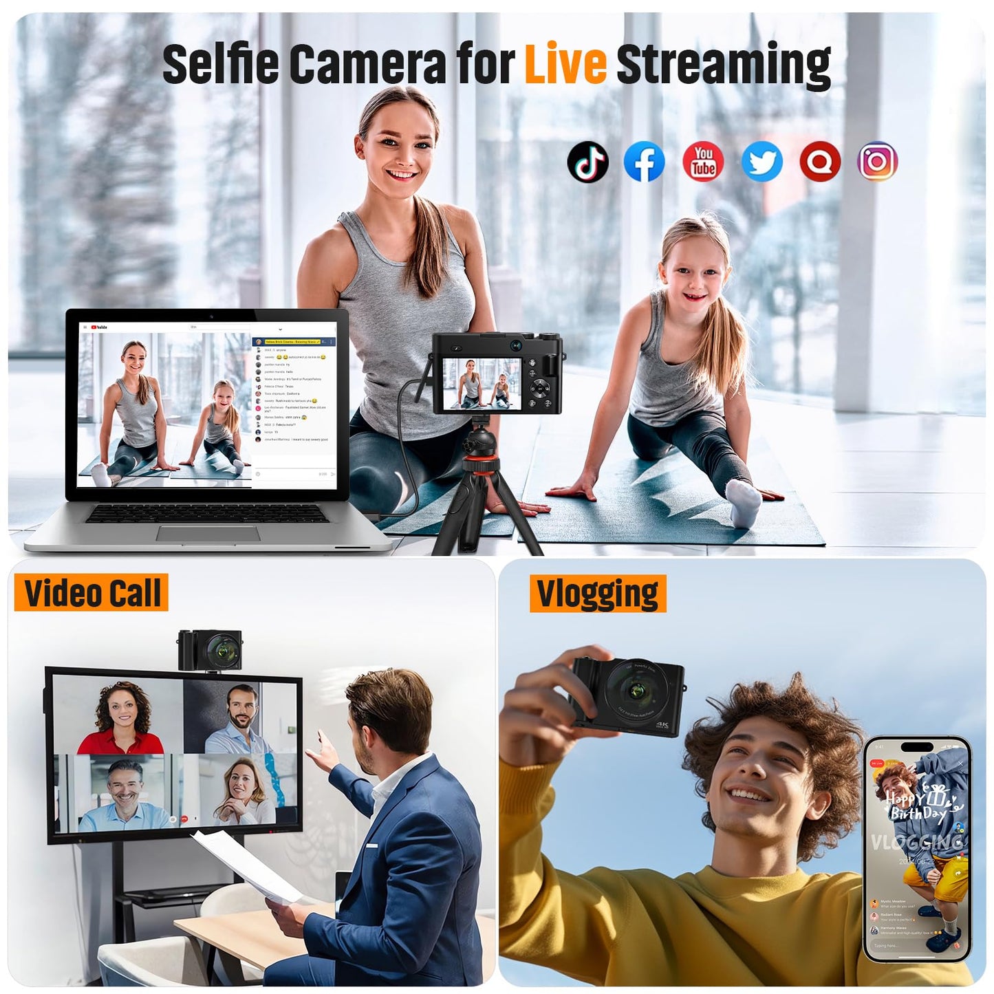 4K Digital Camera for Photography Autofocus 64MP Vlogging Camera for YouTube with Dual Cameras 16X Digital Zoom 4K Compact Travel Video Camera with 32GB SD Card,2 Batteries,Flash, Anti-Shake (Black)