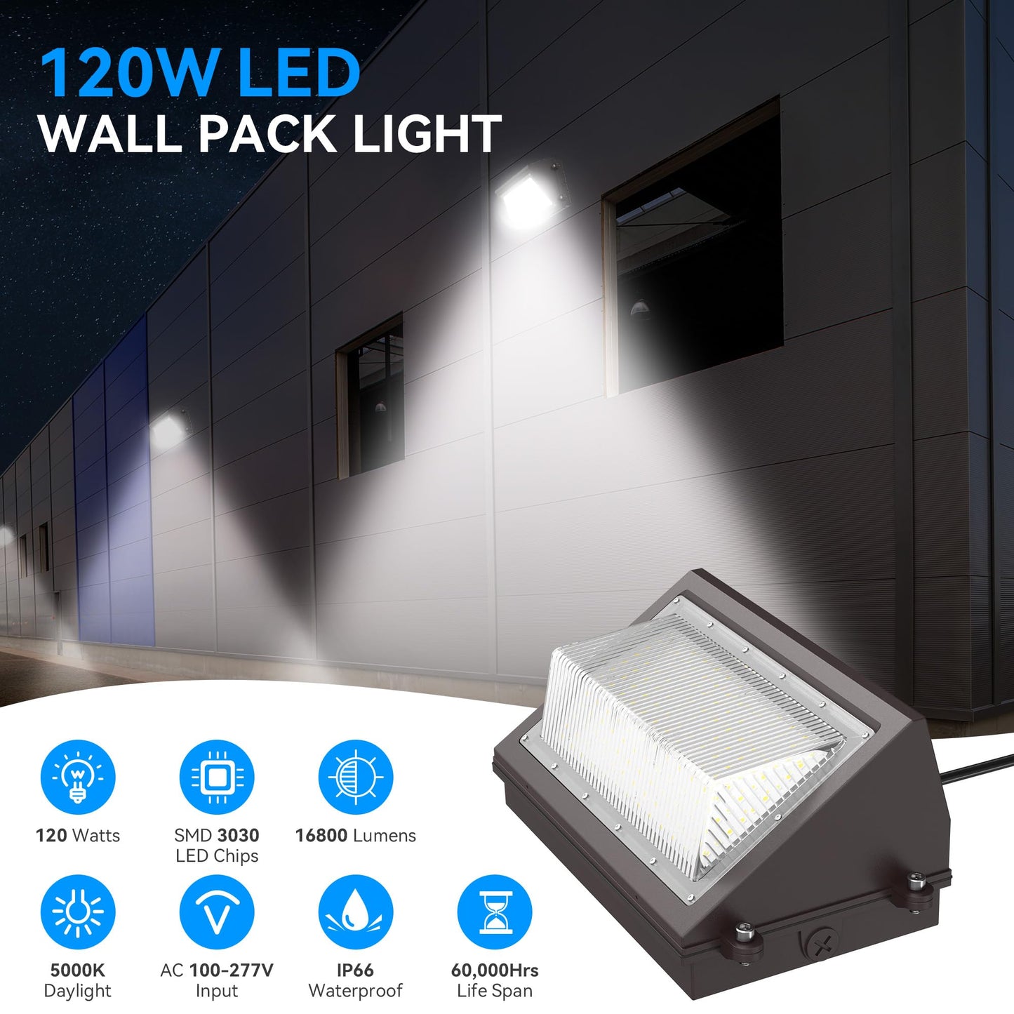 120W LED Wall Pack Light with Dusk-to-Dawn Sensor, 16800LM 5000K LED Security Flood Lighting, 120V Commercial and Industrial Outdoor LED Wall Lights for Parking Lots|Warehouses|Factories|House