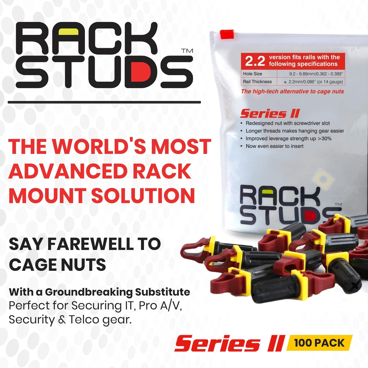 Rackstuds R100 II - Server Rack Screws for 19" Rails, Perfect Cage Nut Replacement, Rack Nuts - Red, 100-Pack, 2.22mm/0.086"