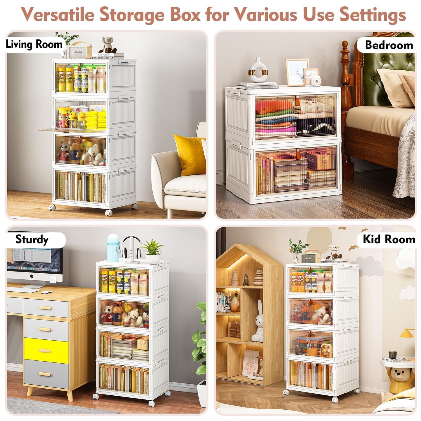 CTSNSLH 4 Tier Plastic Storage Bins with Lid - 28Qt Stackable with Lids for Bedroom, Living Room, Office - Foldable Containers, Household Organization