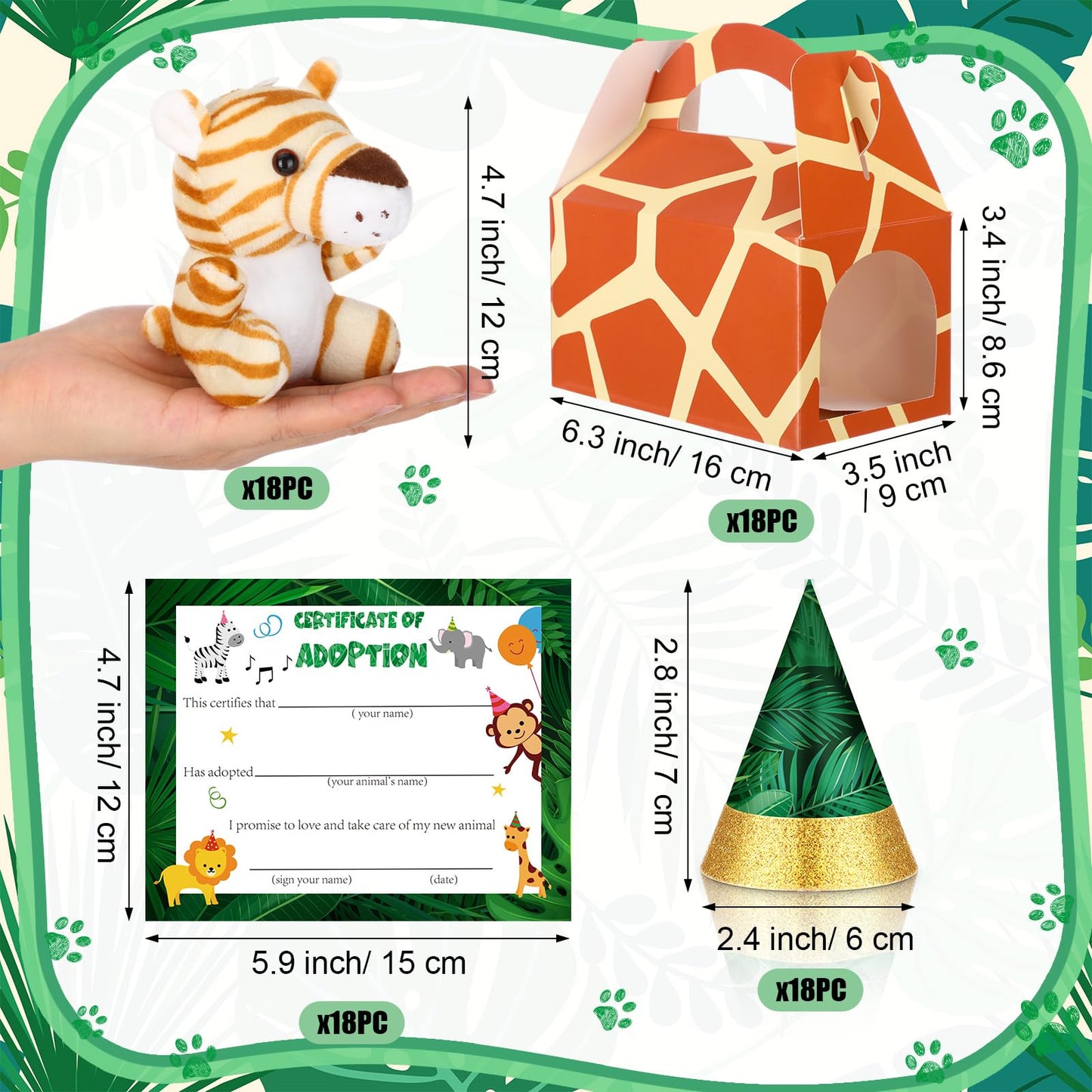 VioraWhite 18 Sets Adopt a Jungle Animal Supplies Include 18 Mini Jungle Stuffed Animal 18 Mini Party Hats 18 Adoption Certificate 18 Kraft Boxes for Safari Themed Birthday Party Gifts