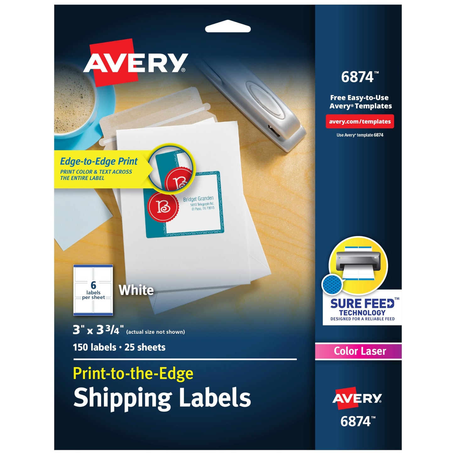 Avery Print-to-the-Edge Printable Shipping Labels, 3" x 3.75", Matte White, Sure Feed Technology, Laser & Inkjet Printer Compatible, 150 Blank Labels per Pack (5 Packs of 6874)