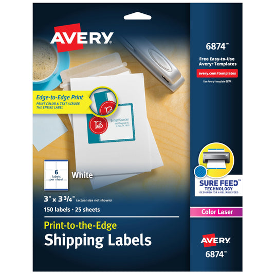 Avery Print-to-the-Edge Printable Shipping Labels, 3" x 3.75", Matte White, Sure Feed Technology, Laser & Inkjet Printer Compatible, 150 Blank Labels per Pack (5 Packs of 6874)
