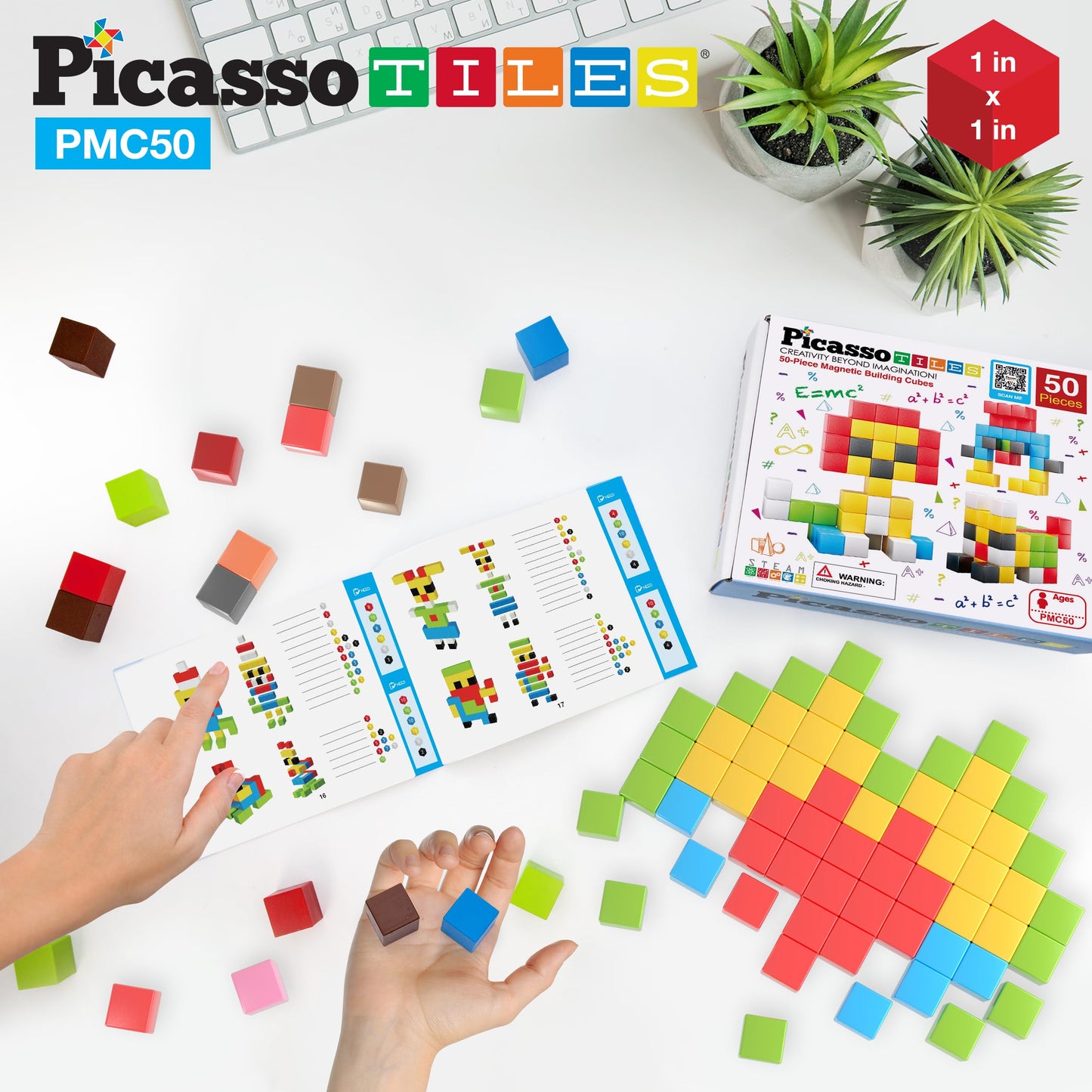 PicassoTiles Magnet Cube Building Blocks 54 Pieces 1.2" 3CM Magnetic Cubes Toy Construction Building Educational Sensory Toys with Idea Booklet for School & Preschool Kids Boys Girls Toddlers PMC301