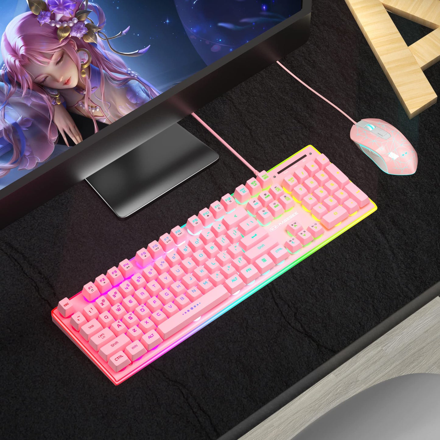 MageGee Gaming Keyboard and Mouse Combo, True RGB Backlit Membrane Office Keyboard Mouse, 104 Keys Anti-Ghosting Metal Panel Quiet Wired Keyboard for Windows Laptop PC Gamer- Pink