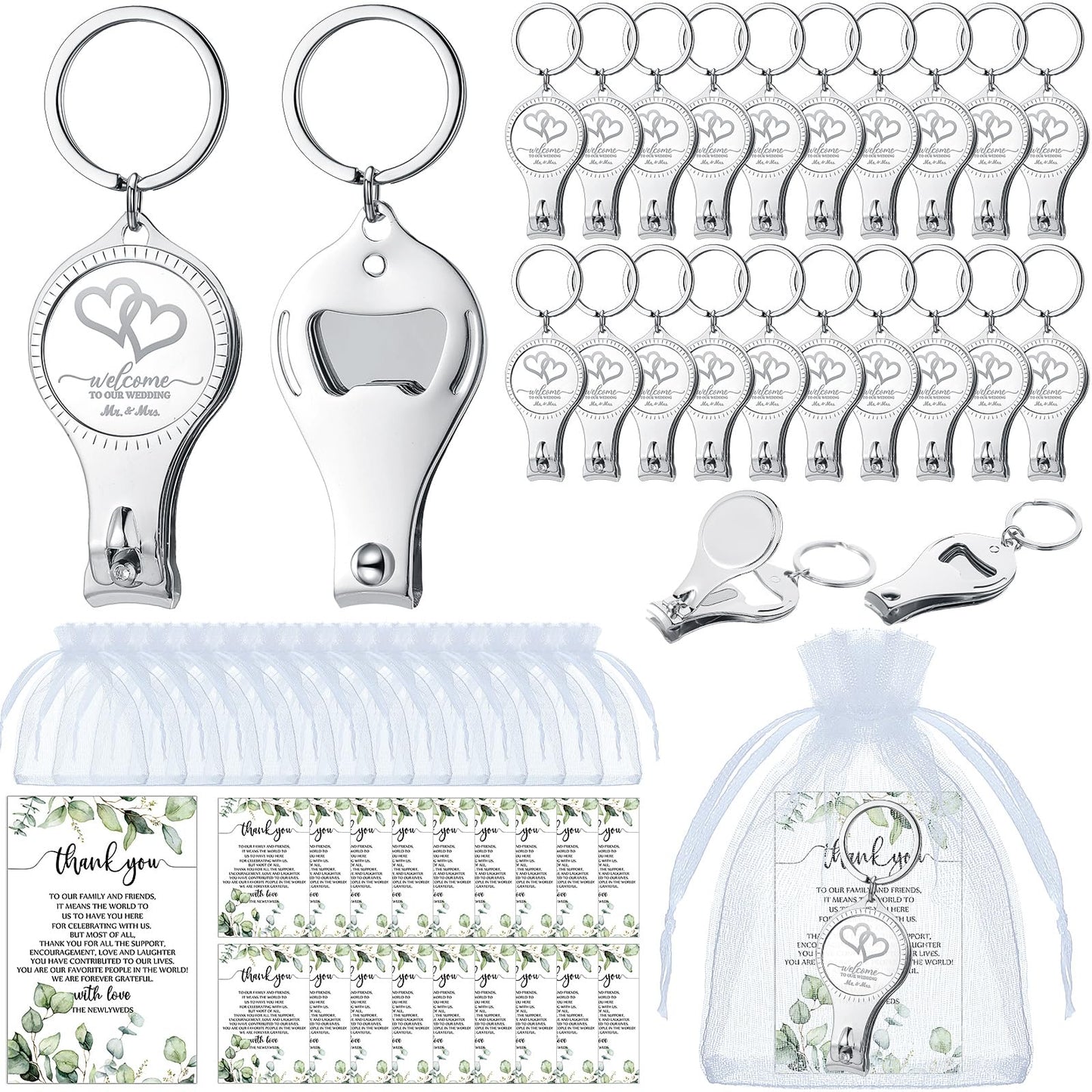 Fulmoon Wedding Multi Function Bottle Opener Nail Clipper Wedding Favors Brewery Cards White Organza Bags for Party Supplies Gift Souvenir Guests Men Women(100 Sets)