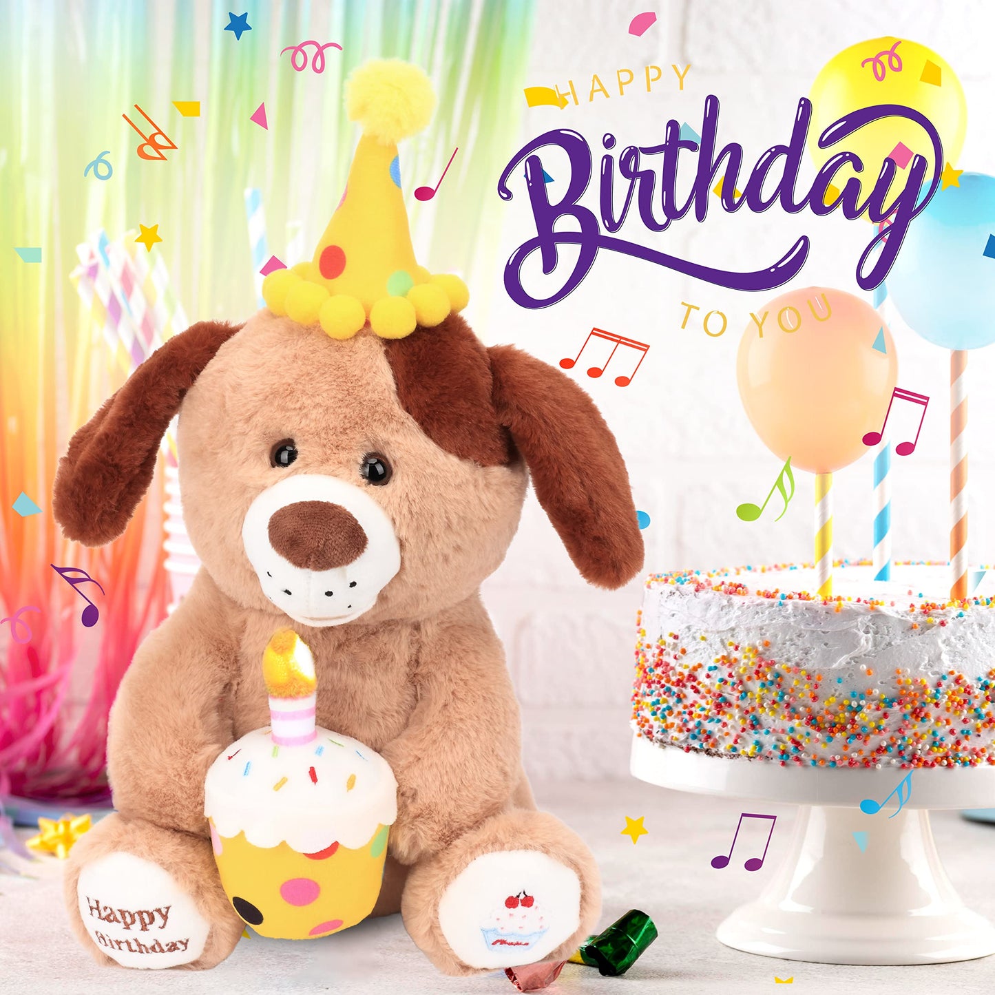 Hopearl Adorable Happy Birthday Dog with Glowing Cupcake Musical Stuffed Animal Puppy Singing and Shaking Plush Toy Interactive Animated Kids Gift, Brown, 15''