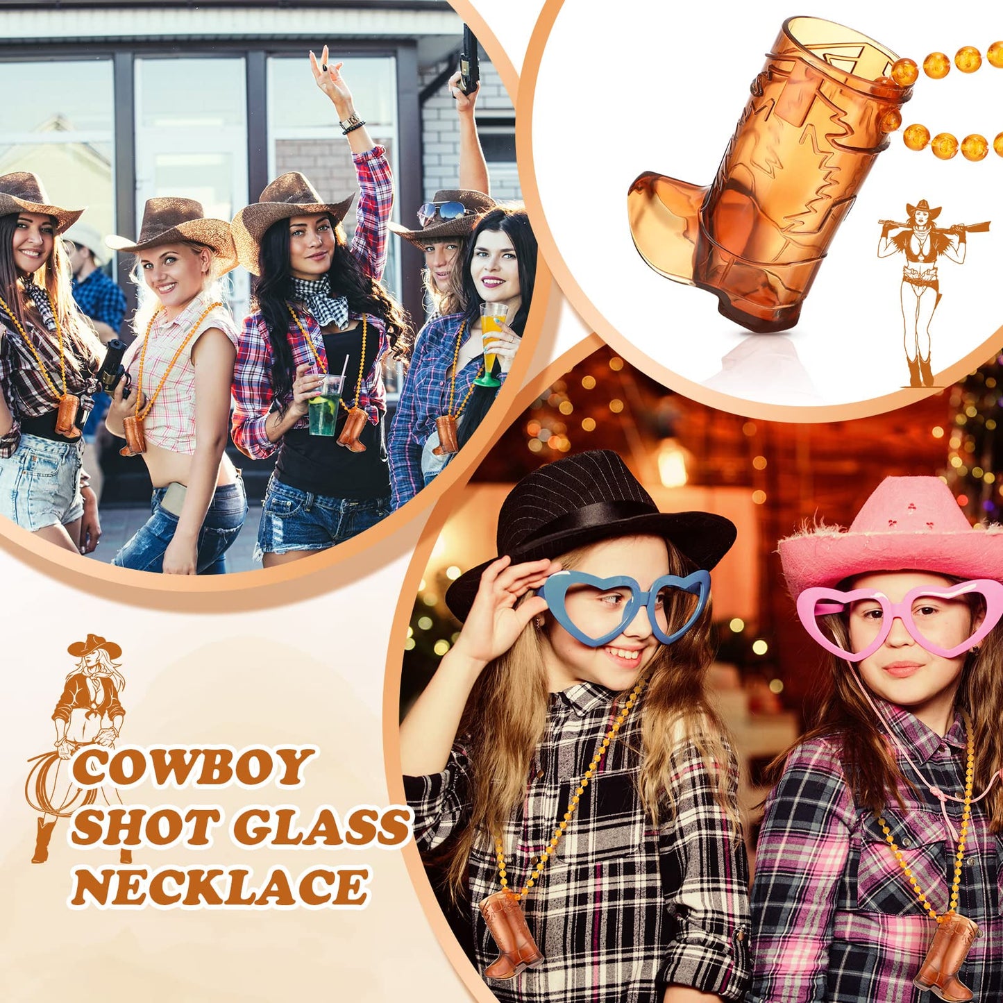 Sieral 48 Pcs Boot Shot Glasses on Beaded Necklace Plastic Cowgirl Shot Glass Cup Necklace Bride and Groom Supply for Bachelorette Carnival Party Birthday Wedding Supply (Transparent Brown)
