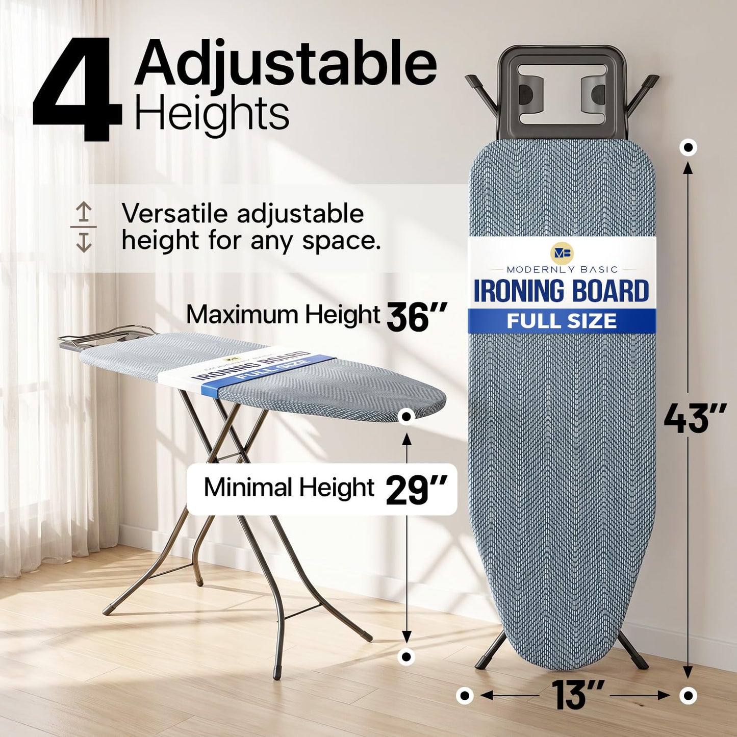 Modernly Basic Ironing Board Full Size | Heavy Duty Iron Board with Multi-Layer Cover Pad - Height Adjustable Iron Table, Safety Iron Rest, Ironing Boards for Laundry Room or Dorm Use (43x13)