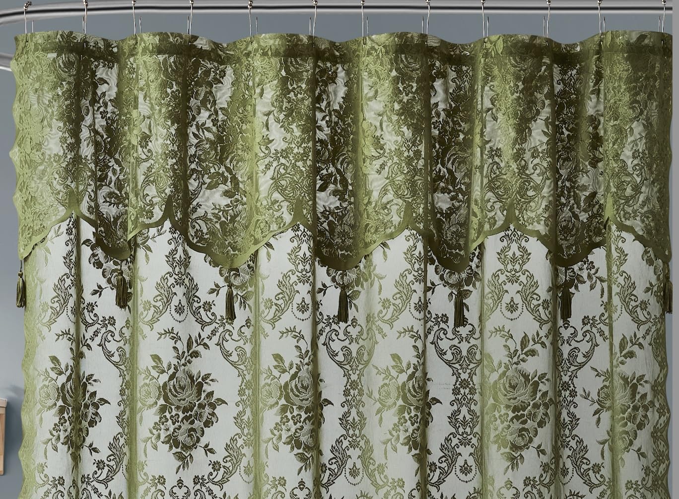Warm Home Designs Sage Green Lace Shower Curtain 72 x 72 with Attached Valance & 7 Tassels. Luxury Farmhouse Shower Curtains for The Bathroom or Boho Shower Curtains for Bathroom. LA Sage 72"
