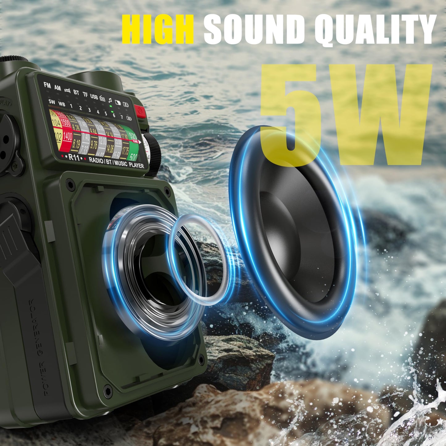 Emergency Crank Radio- Emgykit 4000mAh/14800mWh AM/FM/WB/SW/NOAA Weather Radio with Bluetooth,Flashlight,SOS Alarm, Powered by USB Charged,Hand Crank & Solar Power for Camping, Emergency