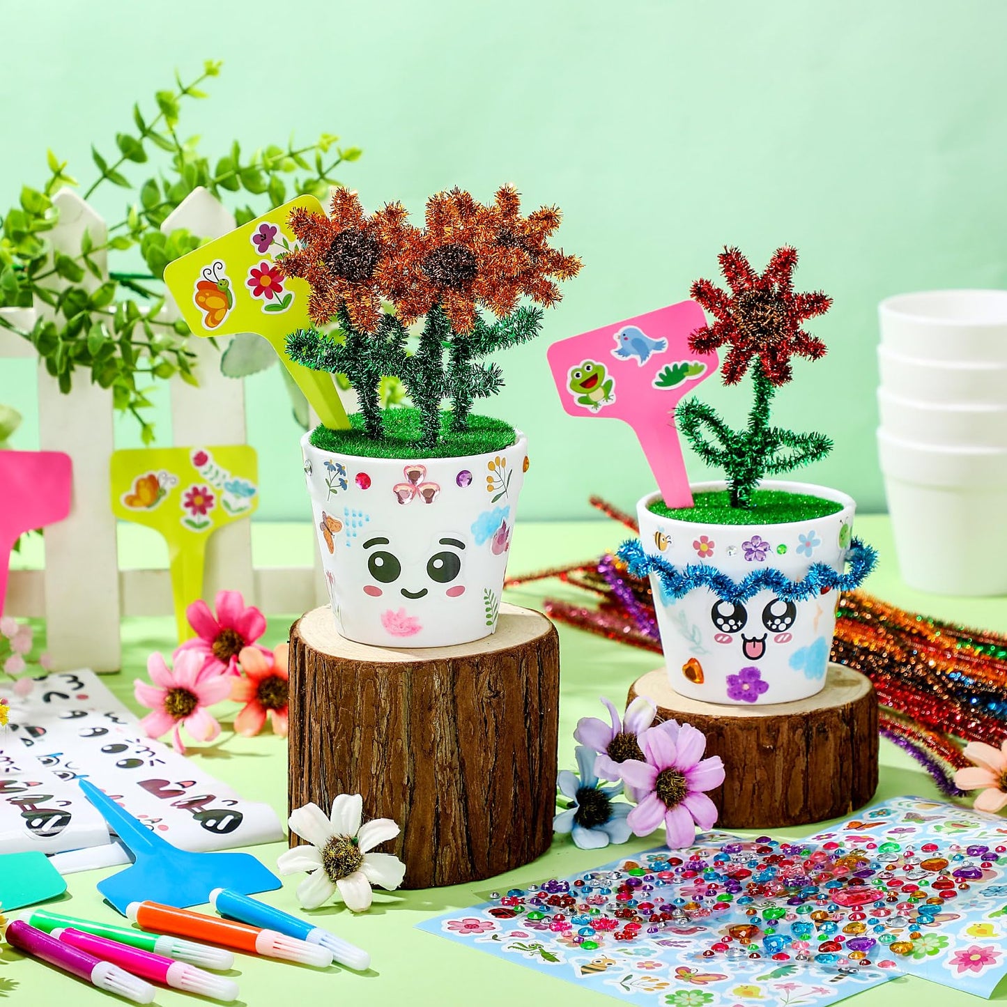 Funnymoom 36 Set Garden Plastic Pot Craft Kit DIY Flower Plant Spring Craft Pot with Pipe Cleaners Stickers Flower Planting Growing Kits for Creative Activity Art Project Home Bulk Painting