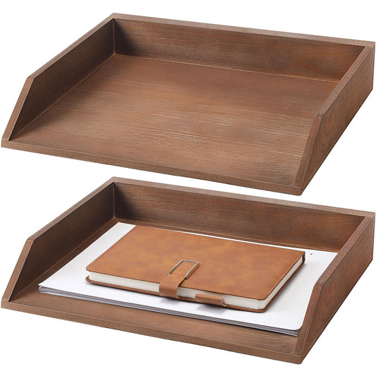 Beeveer 2 Pcs Dark Wood Letter Tray Wooden Desk Paper Organizer 2 Tier Stackable Load Documents Desktop Tray Drawer File Folder Magazine Office Accessories for Home Office Back to School