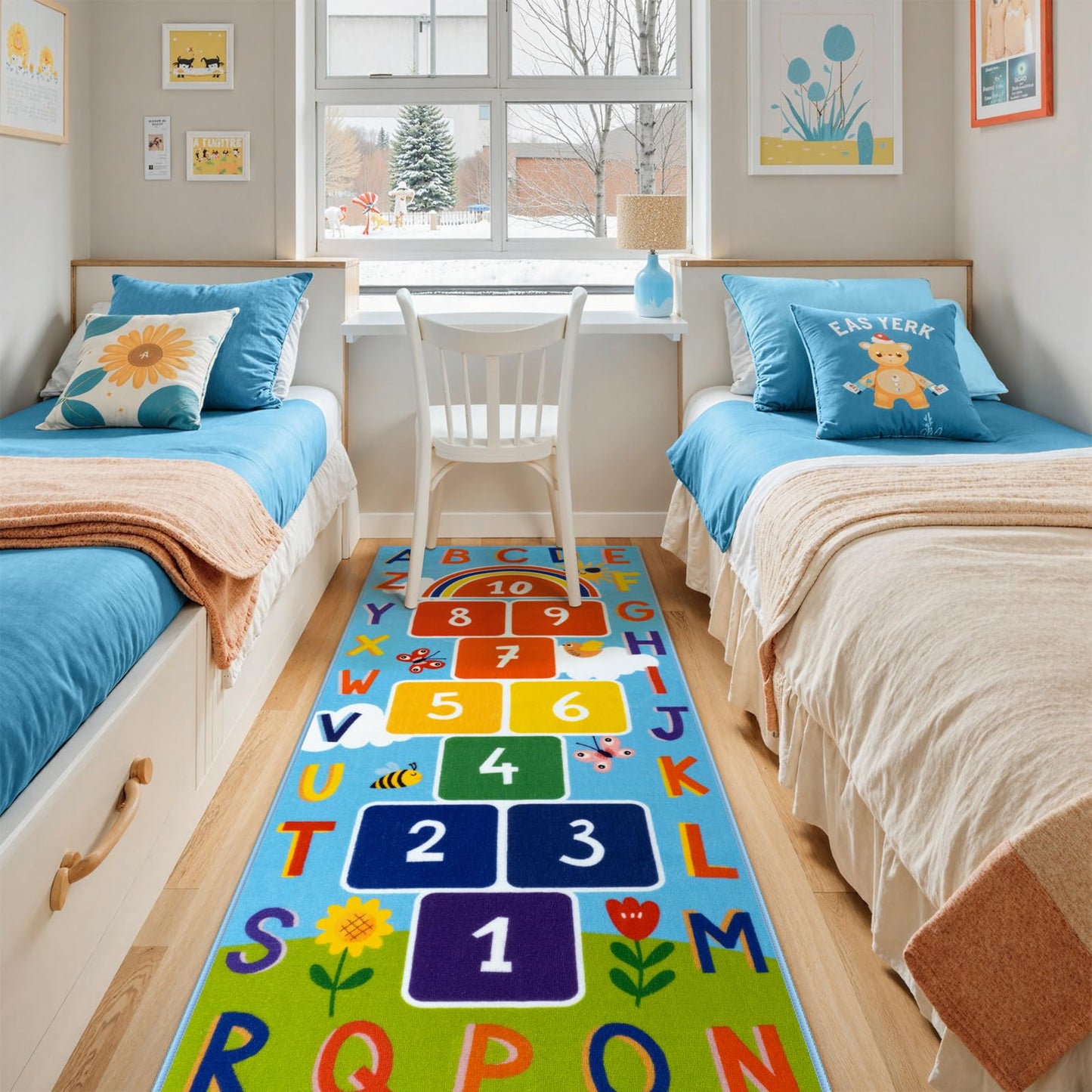 STARUIA Washable Hopscotch Kids Rug for Playroom, Colorful Educational Classroom Rugs with ABC Number, Non Slip Kids Play Mat Rug Game Carpet for Bedroom Nursery Daycare Boy Girl （Blue, 31.5''x72''）