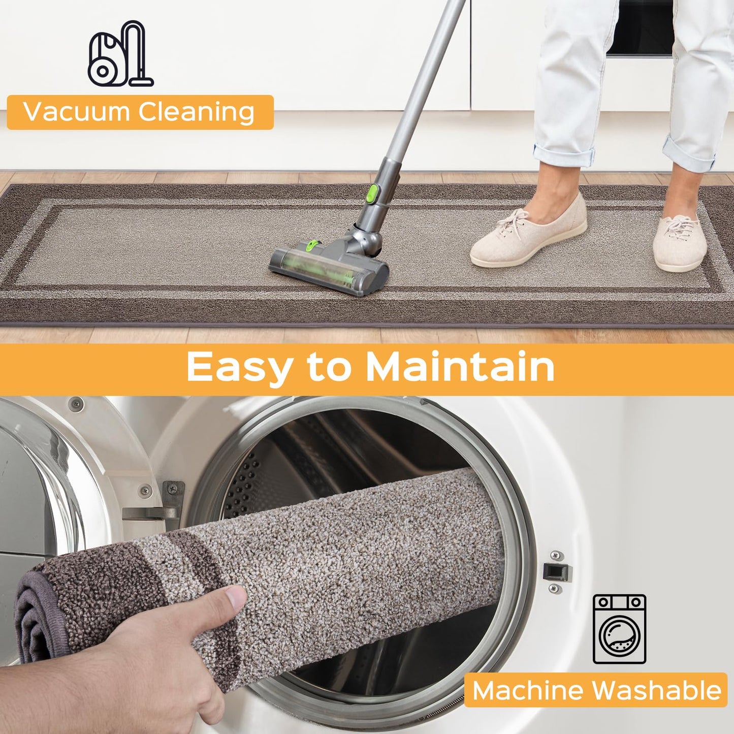 Kitchen Rugs 24" x 84", Non-Slip Machine Washable Kitchen Runner Rugs Floor Mats, Absorbent Comfort Standing Mats for Kitchen, Sink, Laundry and Hallway, Rolled Packaging, Beige & Grayish Brown