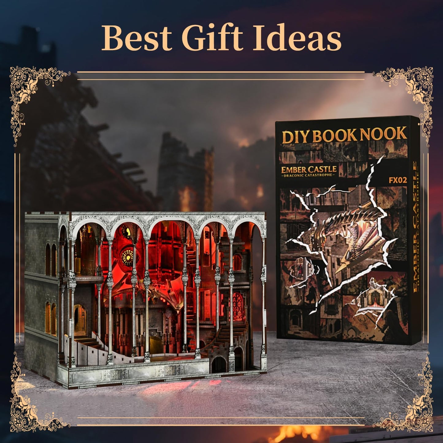 CCCDF Book Nook Kit, DIY Miniature Dollhouse Booknook Kit, 3D Wooden Puzzle Bookend Bookshelf Insert Decor with LED Light for Teens and Adults (Ember Castle)