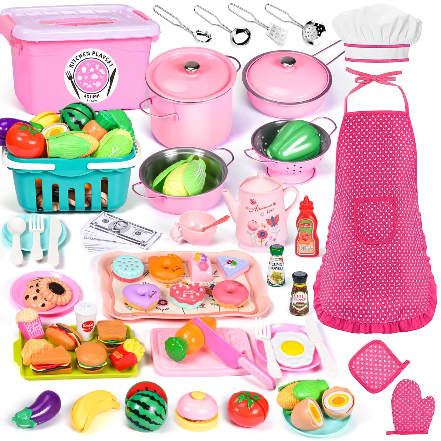 Aojieni 140Pcs Kids Kitchen Accessories, Pretend Play Food Tea Party Set, Toy Kitchen Kids Cooking Real with Apron & Chef Hat, Utensils Cookware Pots & Pans, Toy Organizer, Toddler Toys Gift