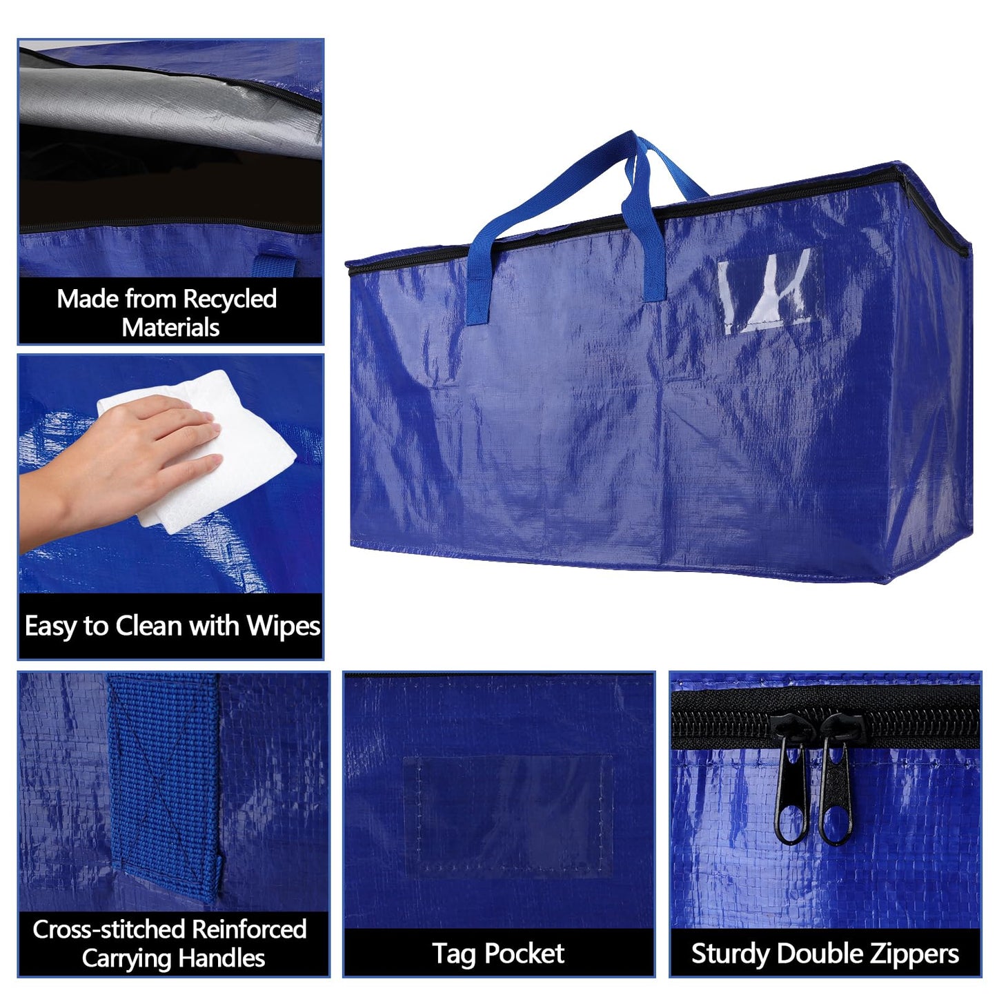 10 Pack Waterproof Moving Bags with Strong Zippers and Reinforced Handles, Real 100lb Capacity Extra Heavy Duty Large Storage Totes for Packing & Moving Storing, Alternative to Moving Boxes -95L,Blue