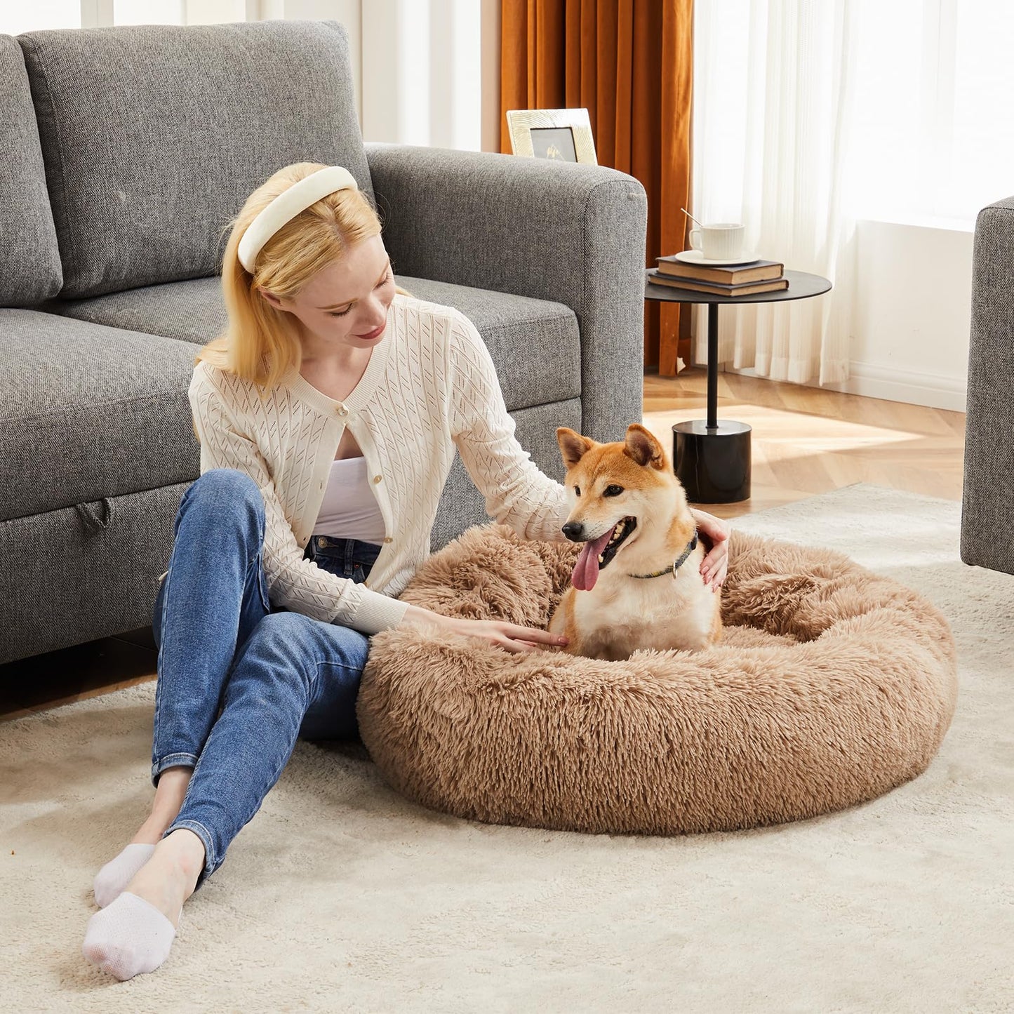 DUMOS 37.4x37.4 Inch Calming Donut Dog Beds for Large Dogs, Machine Washable Cuddler Warming Cozy Fluffy Faux Fur Plush Round Pet Bed, Anti-Slip Bed for Indoor Dogs and Cats, Brown