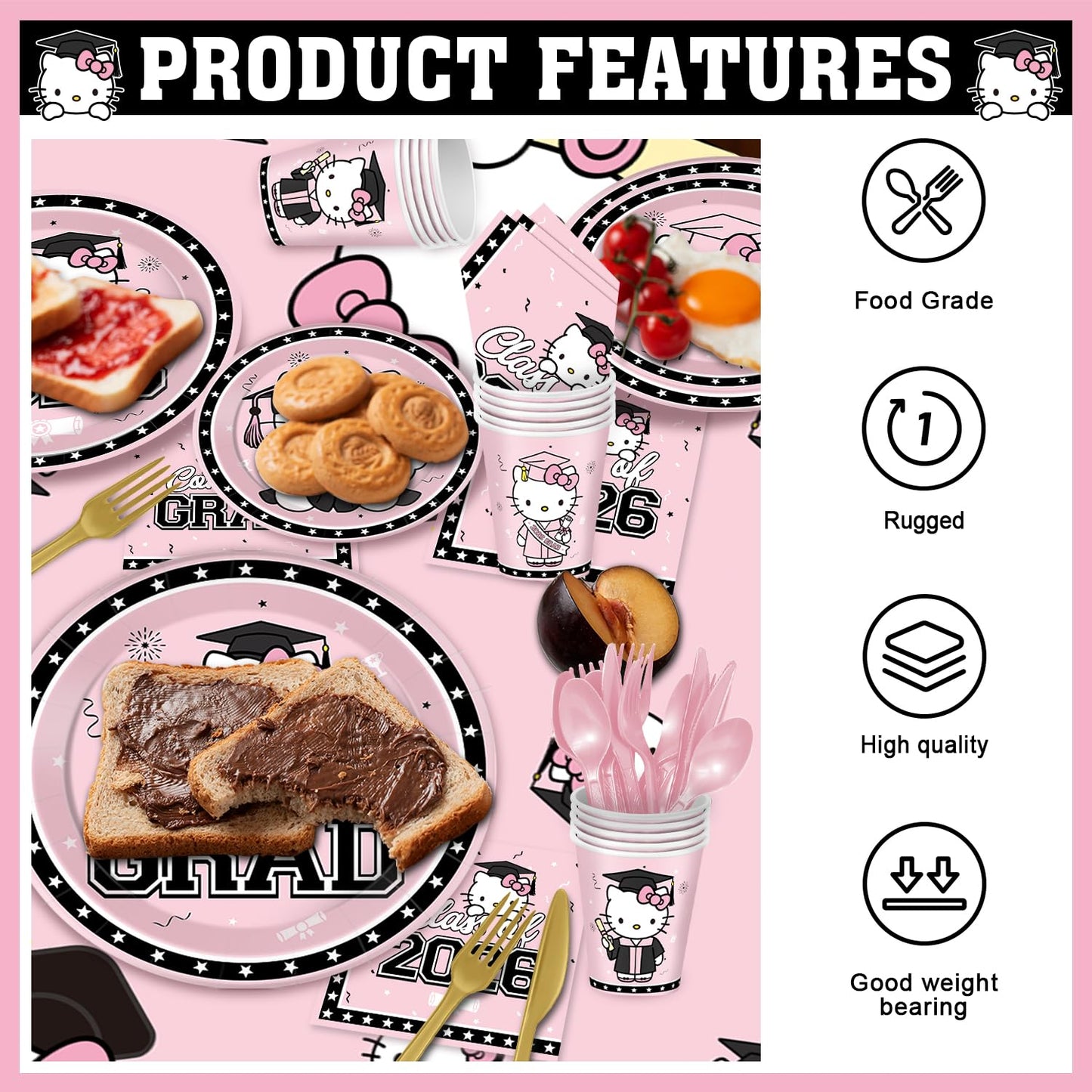 Pink Graduation Decorations, 249Pcs Graduation Party Tableware Supplies with Disposable Plates Napkins Cups Tablecloth and Congrats Grad Banner for Class of 2026 Party Decorations, Serves 24