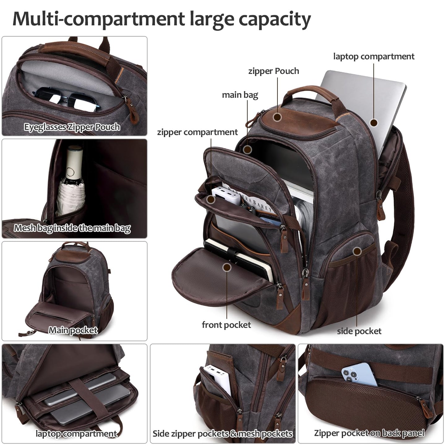 SHENHU Travel Laptop Backpack 17.3 inch XL Computer Backpack for Men Waxed Canvas College Daypack Business Backpack Black Gray