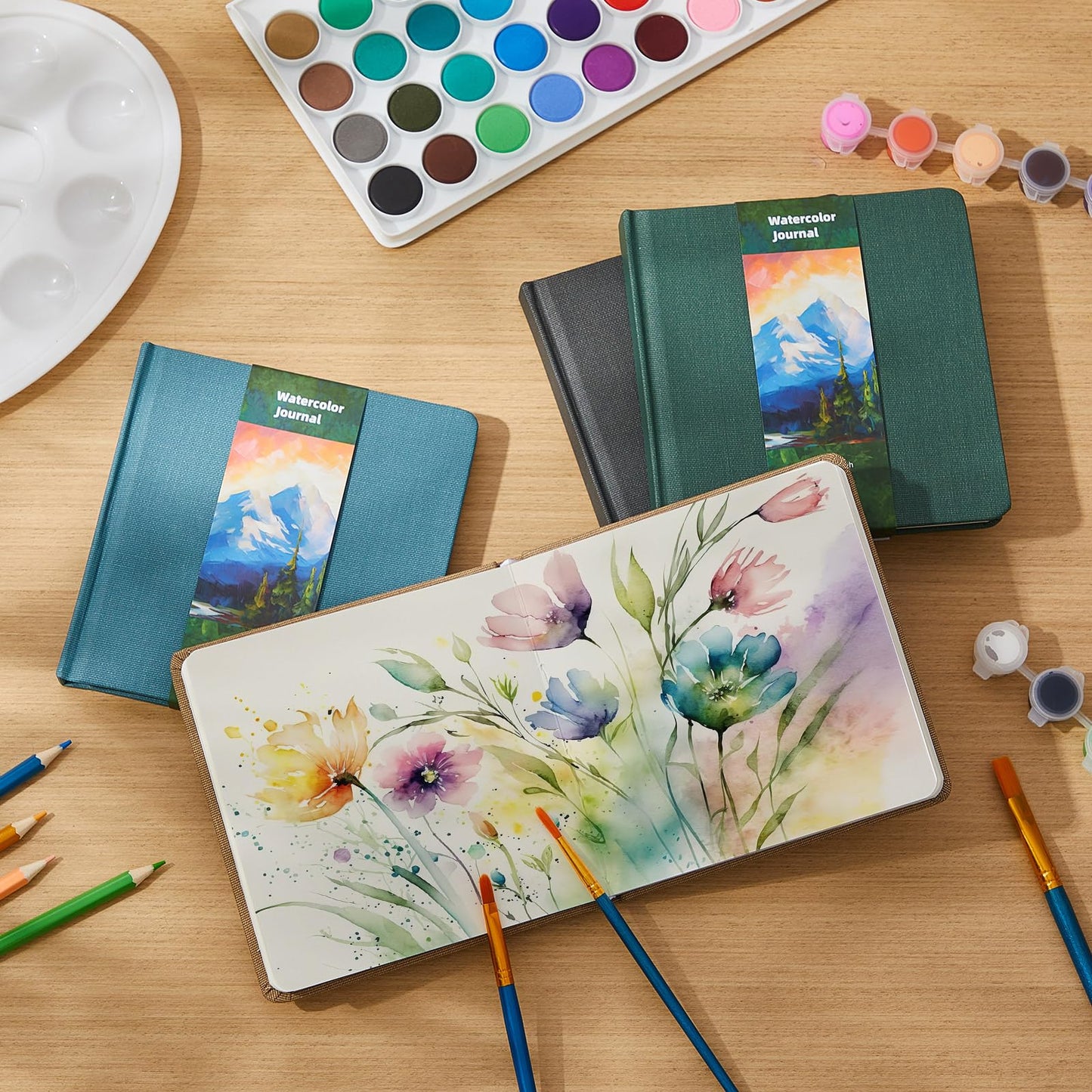Mooliwe 4 Pcs Watercolor Travel Journal Watercolor Sketchbook Painting 5 x 5 Inch 300 GSM Cotton Cold Press Notebook for Painter Beginner Graduation Gift(Dark Green Color)