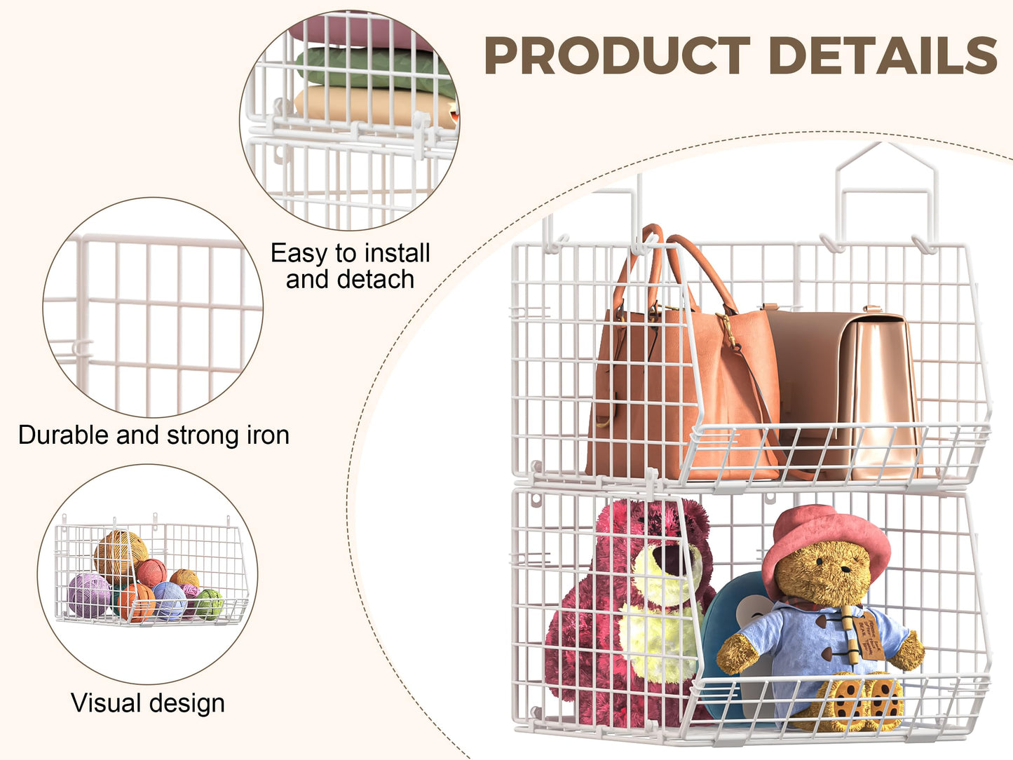 4" Extra Deeper Foldable Hanging Closet Organizer, Small Wire Cabinet Shelves and Storage with 5 S Hooks,4 Tier Metal Basket Bins for Clothes Sweaters Handbags, Wardrobe for Kitchen Laundry Room，White