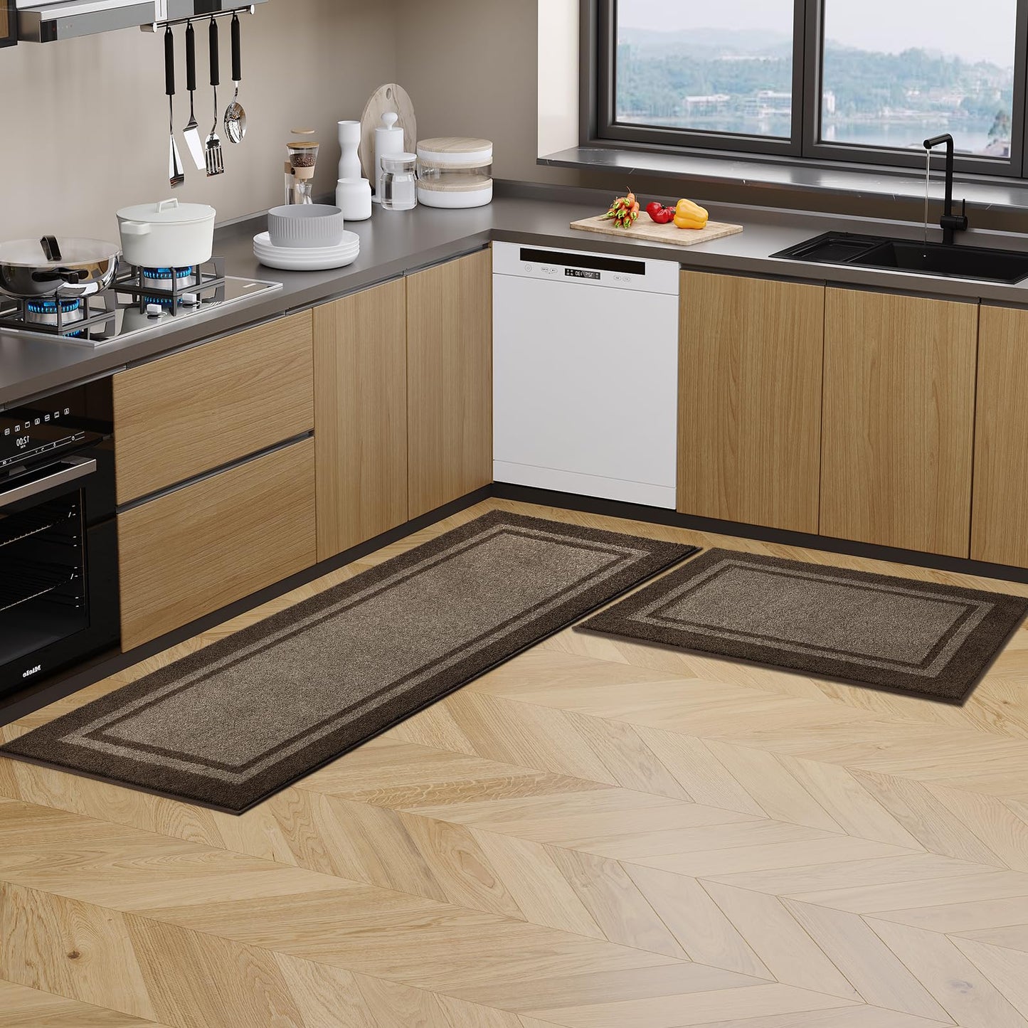 Kitchen Rugs Set (24" x 36"+24" x 60"), Non-Slip Machine Washable Kitchen Runner Rugs Floor Mats, Absorbent Comfort Standing Mat for Kitchen, Sink and Hallway, Rolled Packaging, Grayish Brown & Coffee