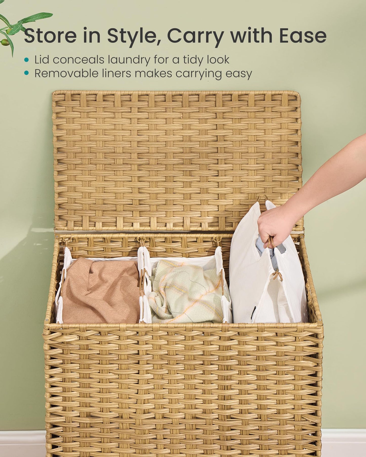 SONGMICS 3-Section Laundry Hamper with Lid, 42.2 Gal (160L) PE Rattan Laundry Basket with Removable Washable Liners, for Bedroom & Living Room, Goose Yellow ULCB223YE01