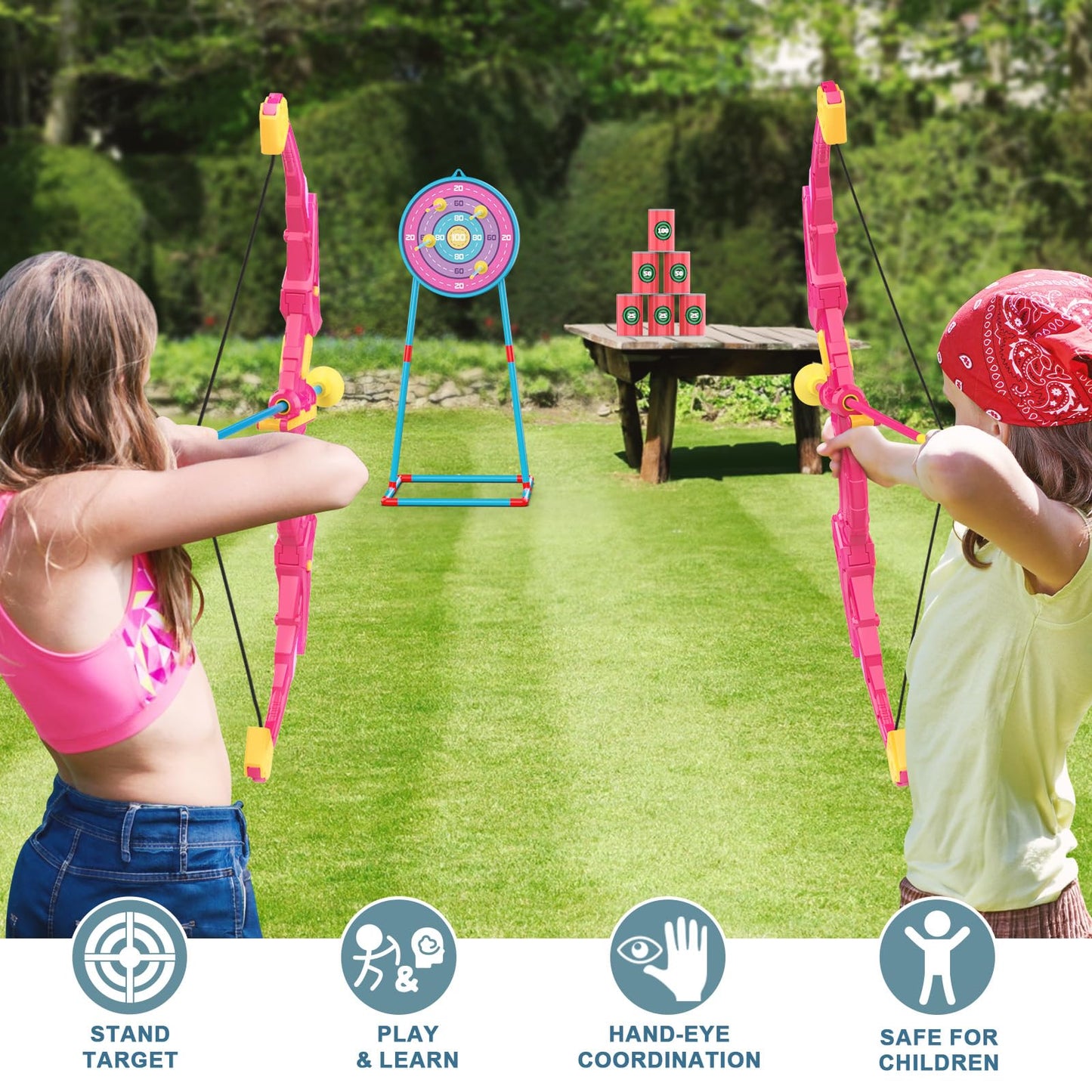2 Pack Kids Bow and Arrow Set, Pink Light Up Archery Toy Set, 2 Foam Dart Blaster & 6 Target Cans Toys for Ages 5-7, Kids Indoor Outdoor Birthday Gifts Ideas for Boys Girls 4 5 6 7 8 9 10 Year Old