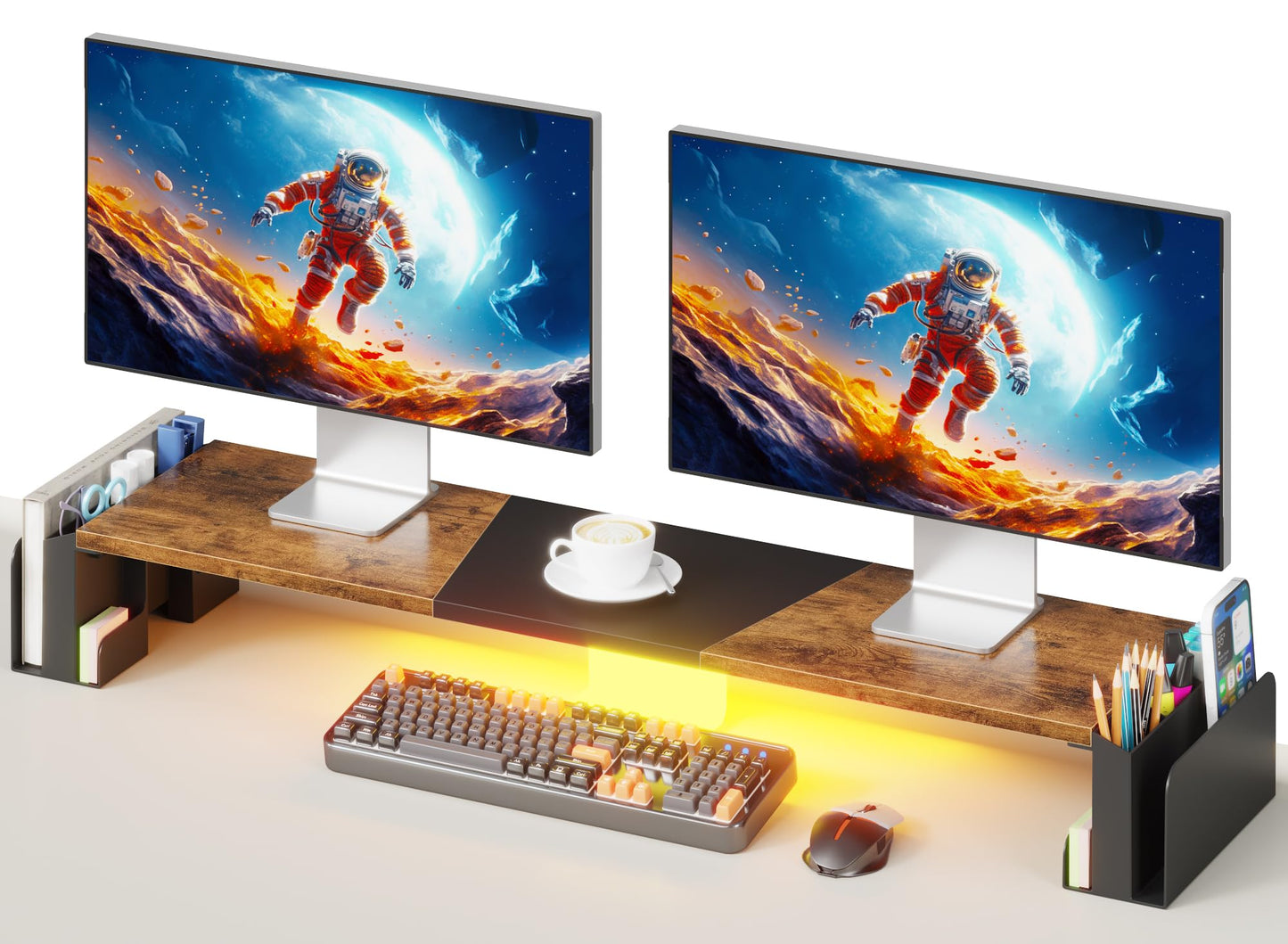 WESTREE Dual Monitor Stand Riser with Pen Holder, Computer Monitor Riser with Adjustable Angle and LED Light, Desktop Monitor Stand Riser Storage Organizer for Computer, Laptop, Printer, TV
