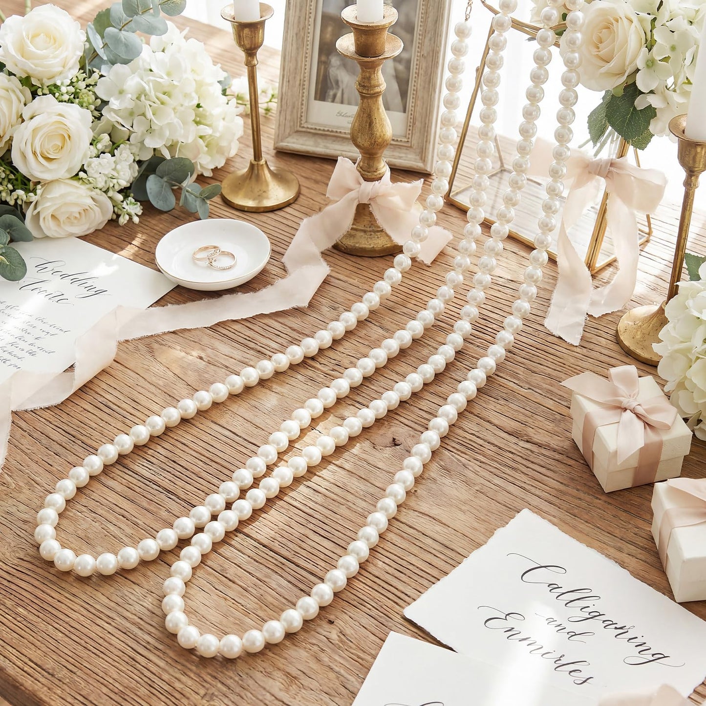 Canlierr 2 Pcs 5.6ft Wedding Giant Pearl Garland Decorations 25mm Large Faux Bead Garland with Hook for Ceremony Photo Booth Outdoor Proposal Scene Garden Beach Party Decor (Ivory White, Simple)