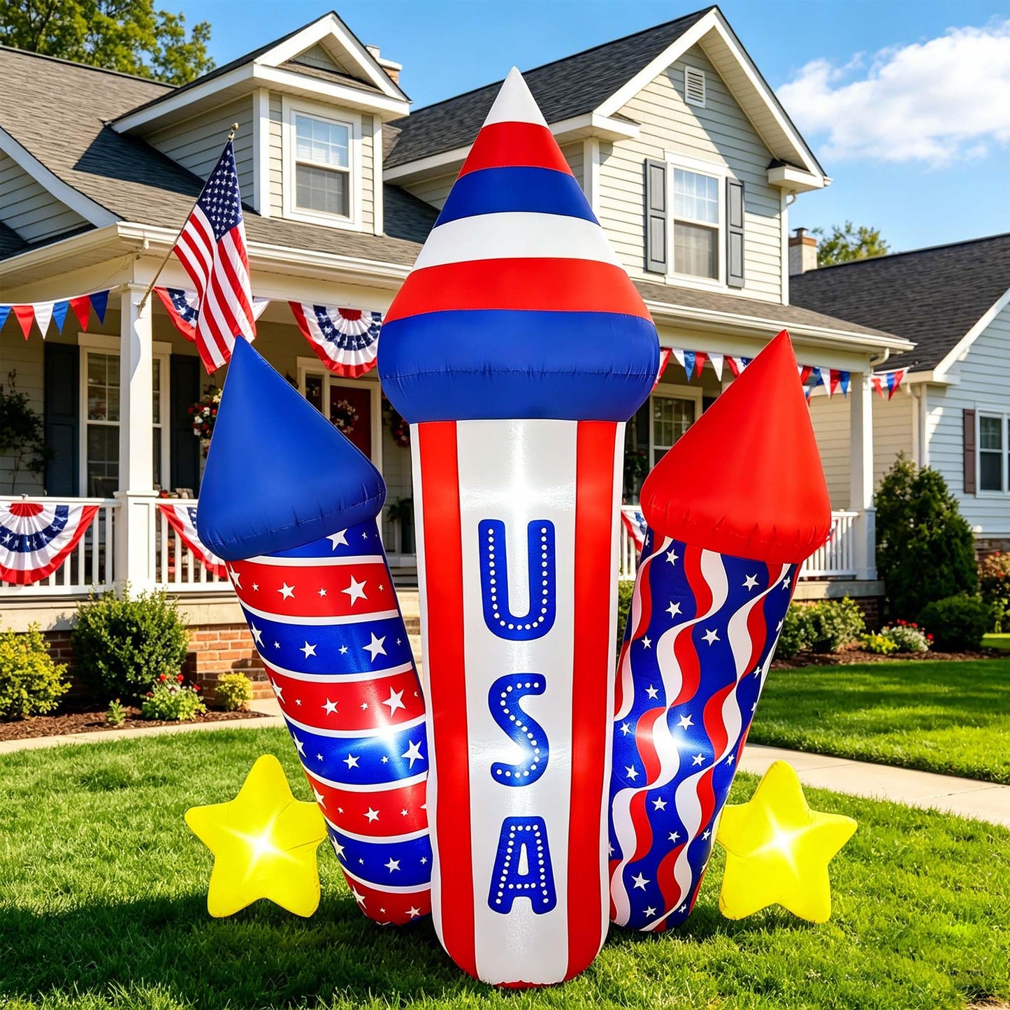 SEASONBLOW 5 Ft 4th of July Inflatables USA Rocket Decoration, LED Lighted Patriotic Independence Day Blow Up Firecracker Decor for Lawn Yard Garden Home Memorial Day 250th Anniversary