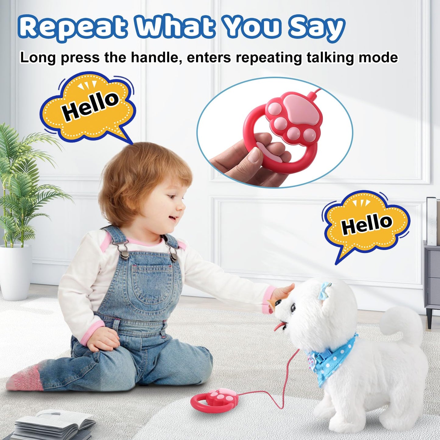 Ylpaprm Samoyed Barking Toy for Kids, Interactive Dog Toy, Small Puppy Walking Licking Doggy with Leash, Electric Talking Sings, Singing Tail for Girl Play