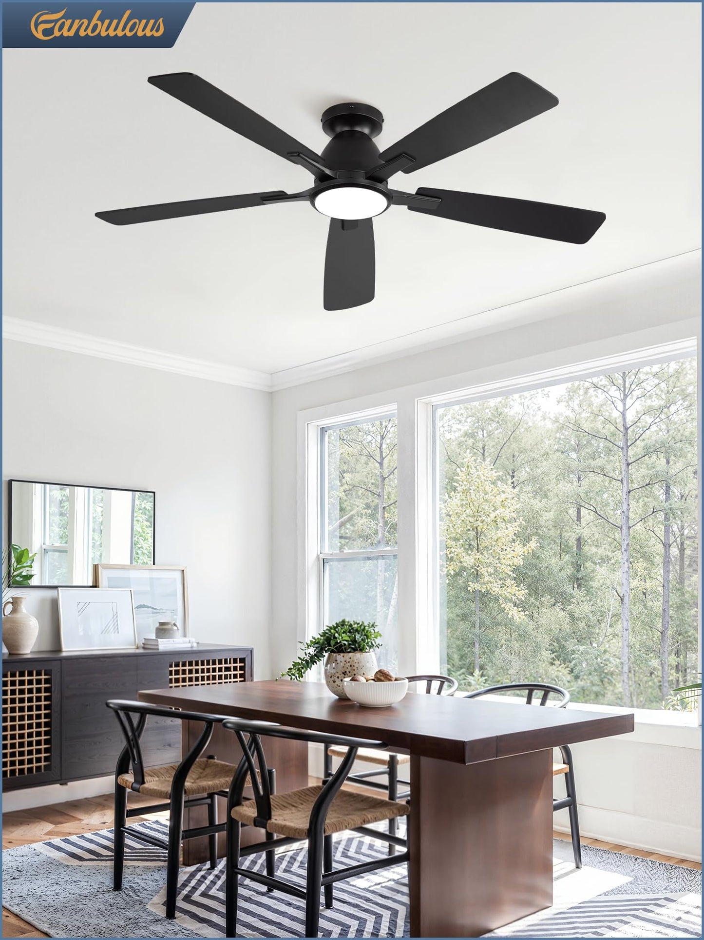 Fanbulous 52 inch Ceiling Fans with Lights, Smart Flush Mount Ceiling Fan and Remote APP, Modern Low Profile, 3CCT 20W LED with 6-Speeds Quiet Reversible Motor for Bedroom, Living Room, Kitchen, Black
