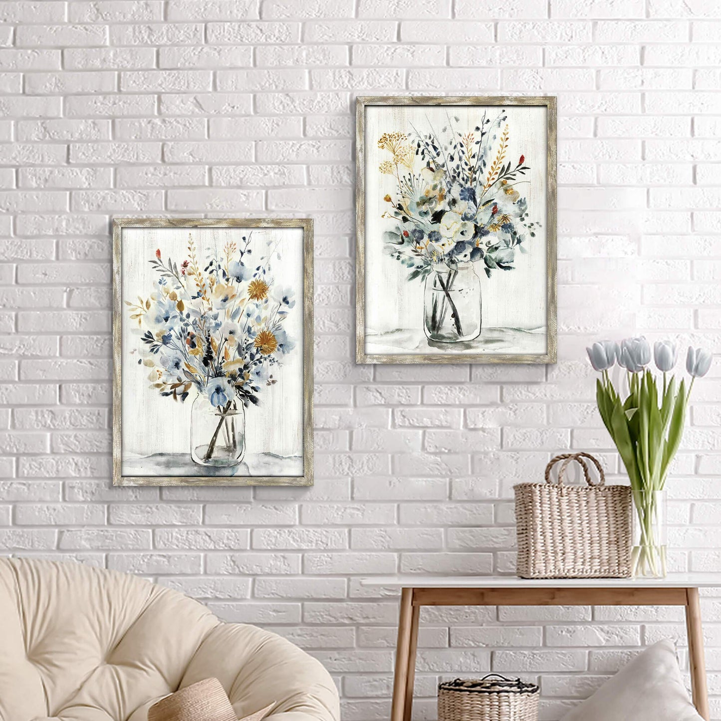 Floral Picture Wall Art Painting: Blossom Bouquet Flowers Print on Rustic Wood and Handcrafted Wooden Framed Artwork for Home and Kitchen (18” x 24” x 2pcs)