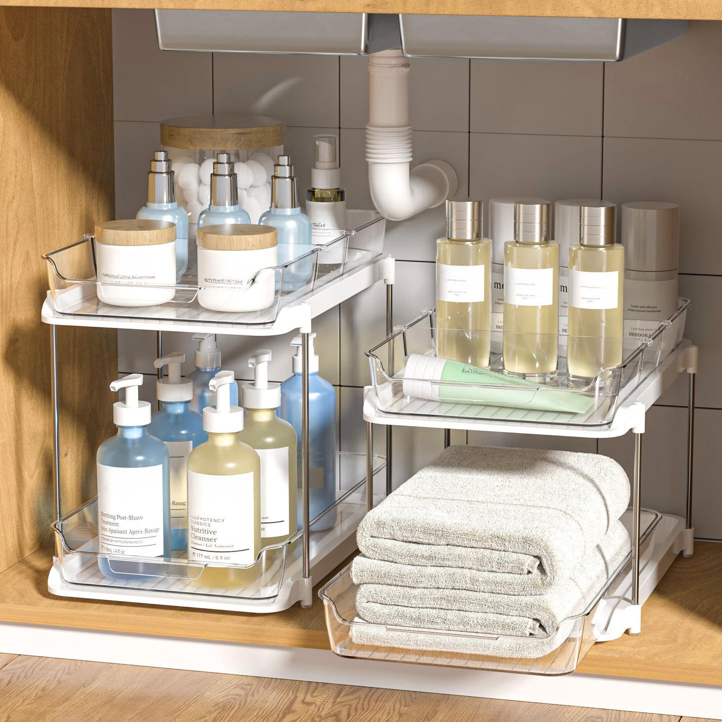 Delamu 2-Tier Multi-Purpose Bathroom Under Sink Organizers and Storage, Stackable Kitchen Pantry Organization, Pull Out Medicine Cabinet Organizer with Movable Dividers, White, 4Pack