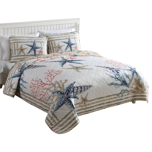 CARIBBEAN JOE Coastal 3-Piece Quilt Set, King, Sea Breeze Seaweed