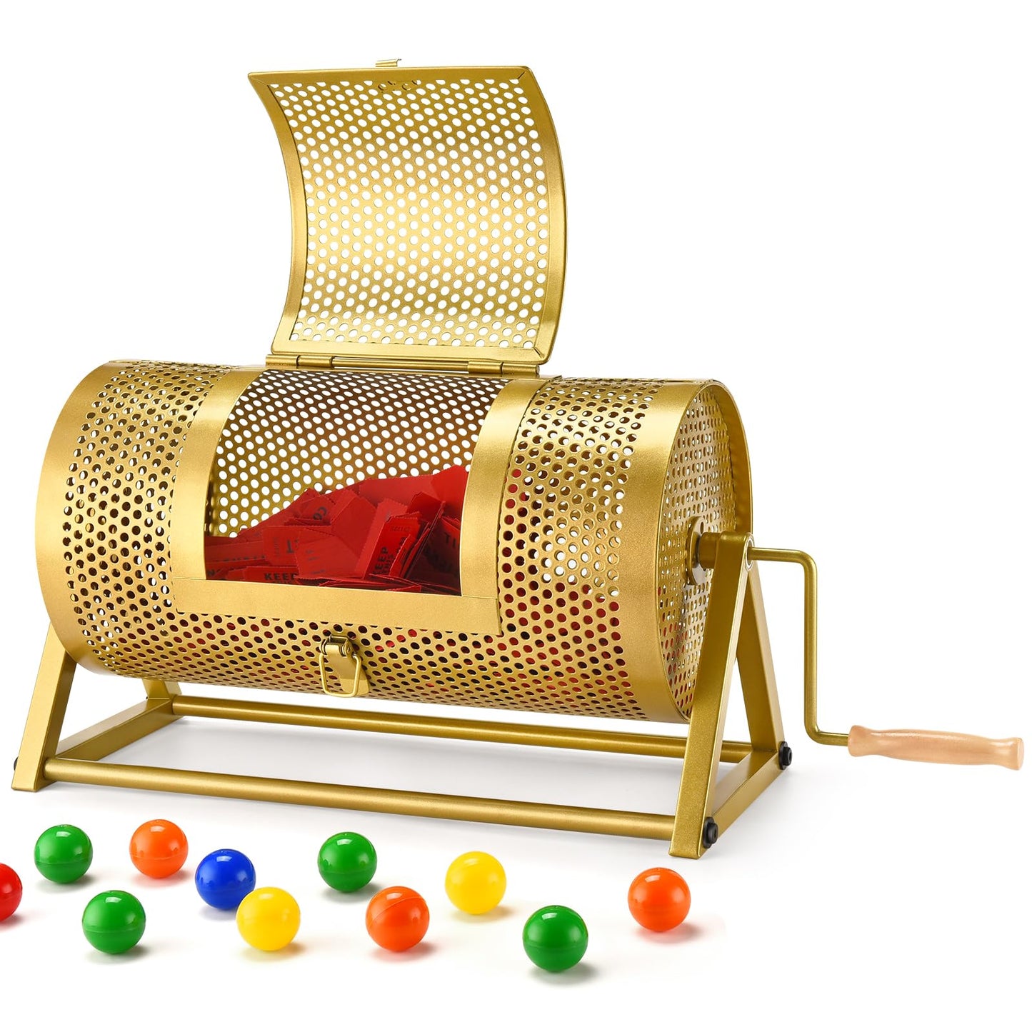 Raffle Drum, Thickened Metal Raffle Ticket Spinner Box with Sealing Tape, Silent Design Raffle Ticket Cage with Wooden Turning Handle & Stable Tripod Stand for Lottery Games, Raffle Balls