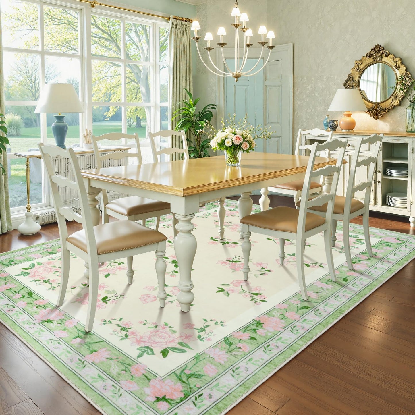 LIVEBOX Machine Washable Rug 5 x 7 Green Rugs for Living Room, Non Slip Vintsge Boho Bedroom Rug, Low-Pile Print Distressed Floral Carpet for Bedroom Home Office, Dining Room