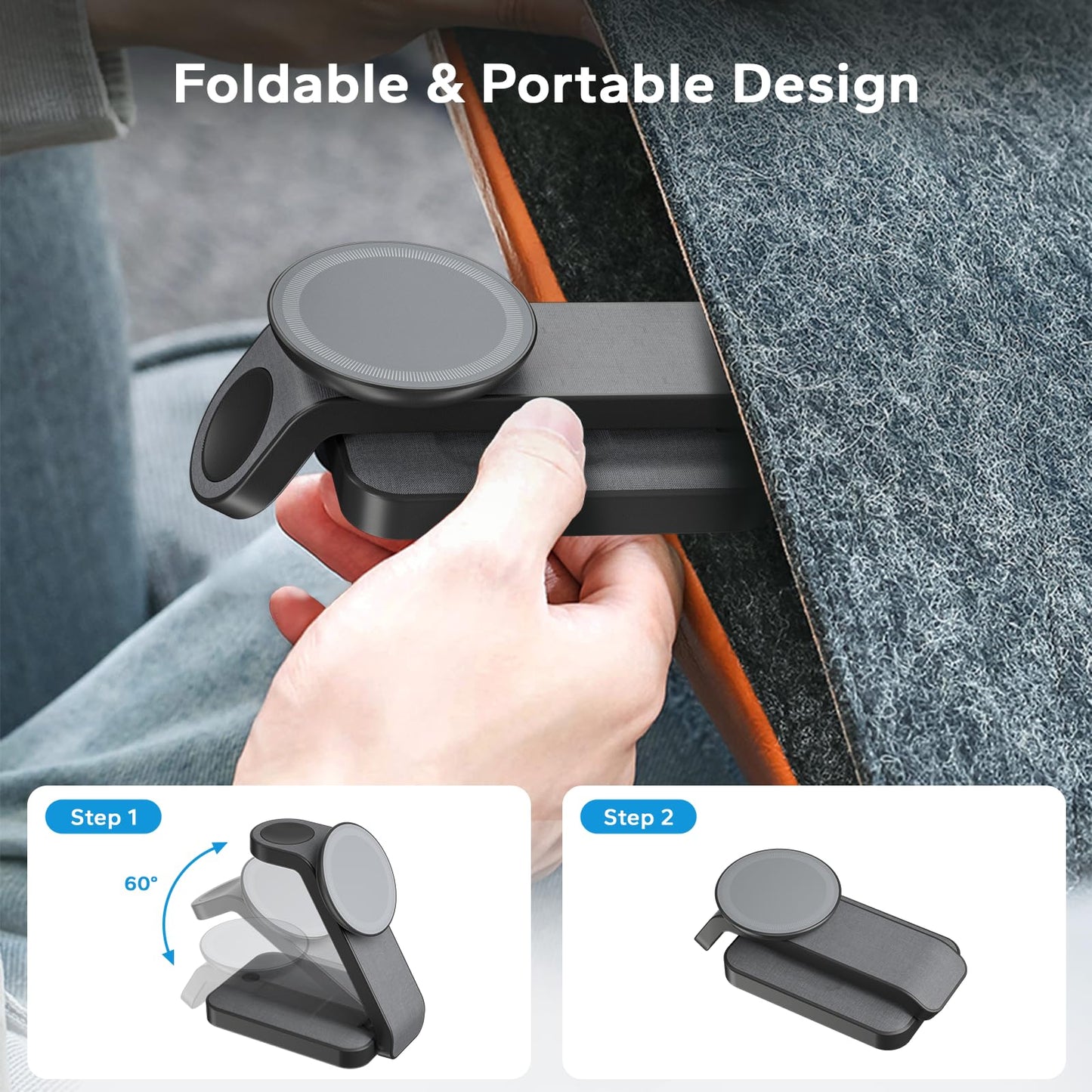 eazpower 3 in 1 Foldable Wireless Charging Station for MagSafe, Travel Magnetic Charger Stand for iPhone 16 15 14 13 Pro Max, Nightstand Charging Dock with Night Light for Apple Watch/AirPods