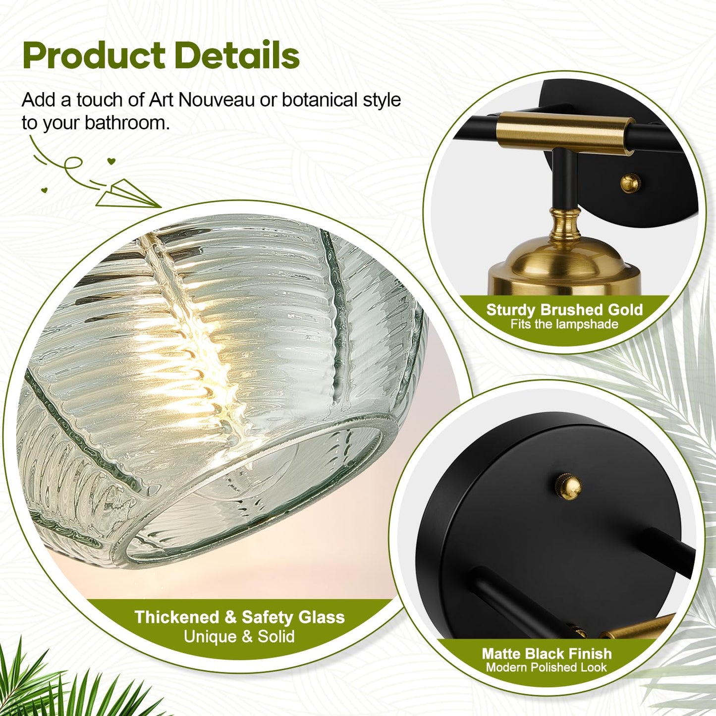 MOKATNG Bathroom Light Fixtures, 3-Light Green Vanity Lights with Unique Leaf Texture Glass Shade, Modern Matte Black and Gold Bathroom Wall Lamp for Mirror Hallway Cabinet Living Room
