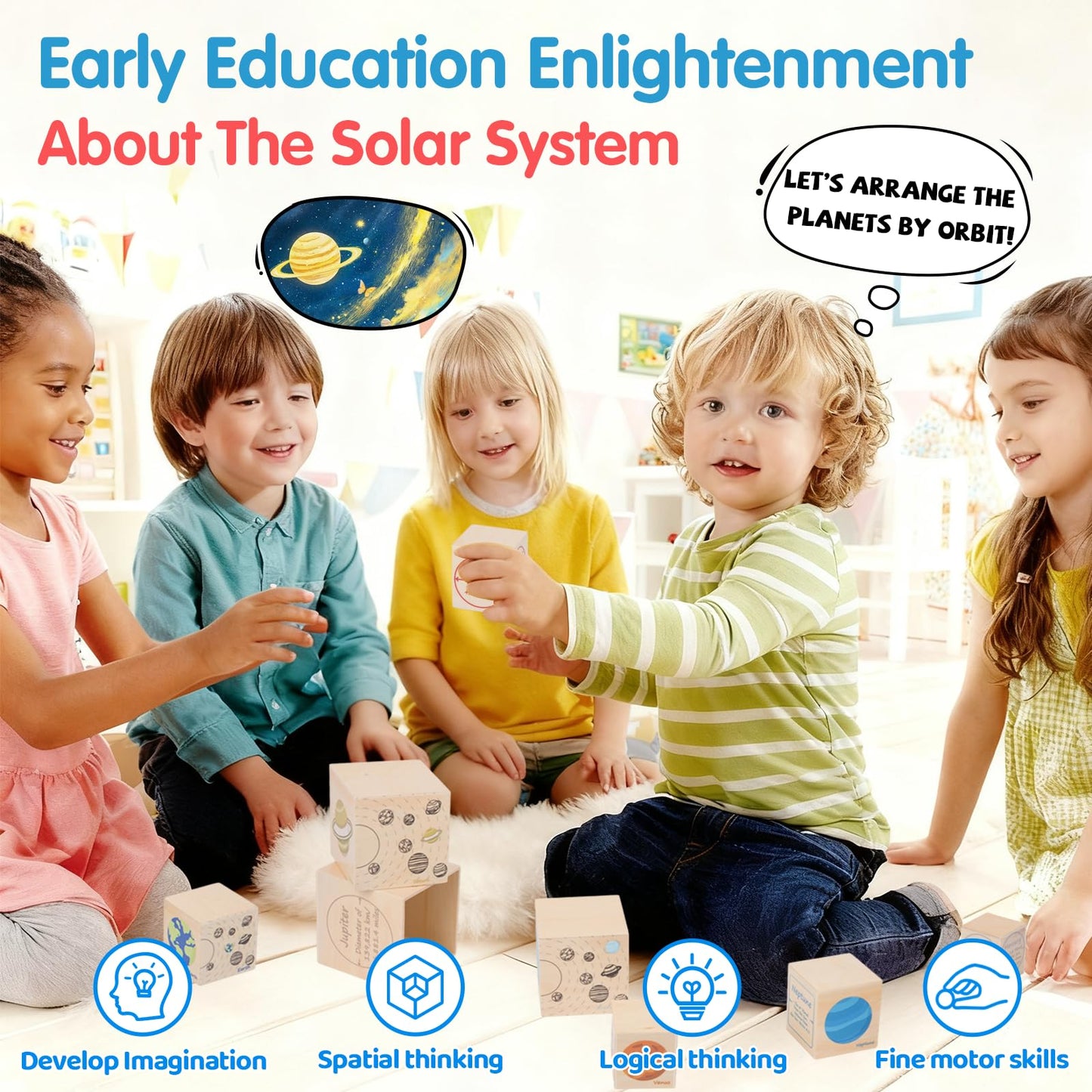 Eight Planets Wooden Blocks for Kids Ages 3+ Montessori Cube Boxes Sorting and Stacking, Preschool Educational Toys Set for Boys and Girls, Solar System