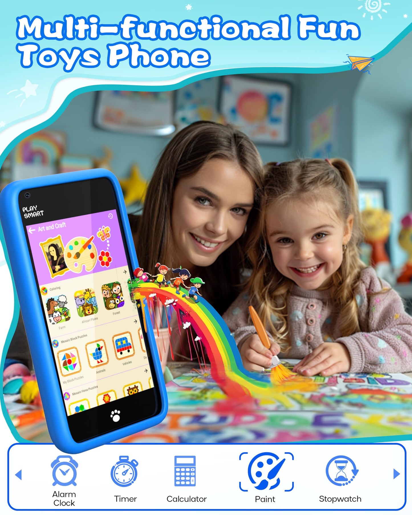 MOMILLA Kids Toys Smart Phone, 3.97" Touchscreen, Birthday Gifts for Kids, 16GB Toddler Learning Cell Phone with Games, Boys Girls Toys for Age 3 4 5 6 7 8 9 Year Old（Front Camera Only
