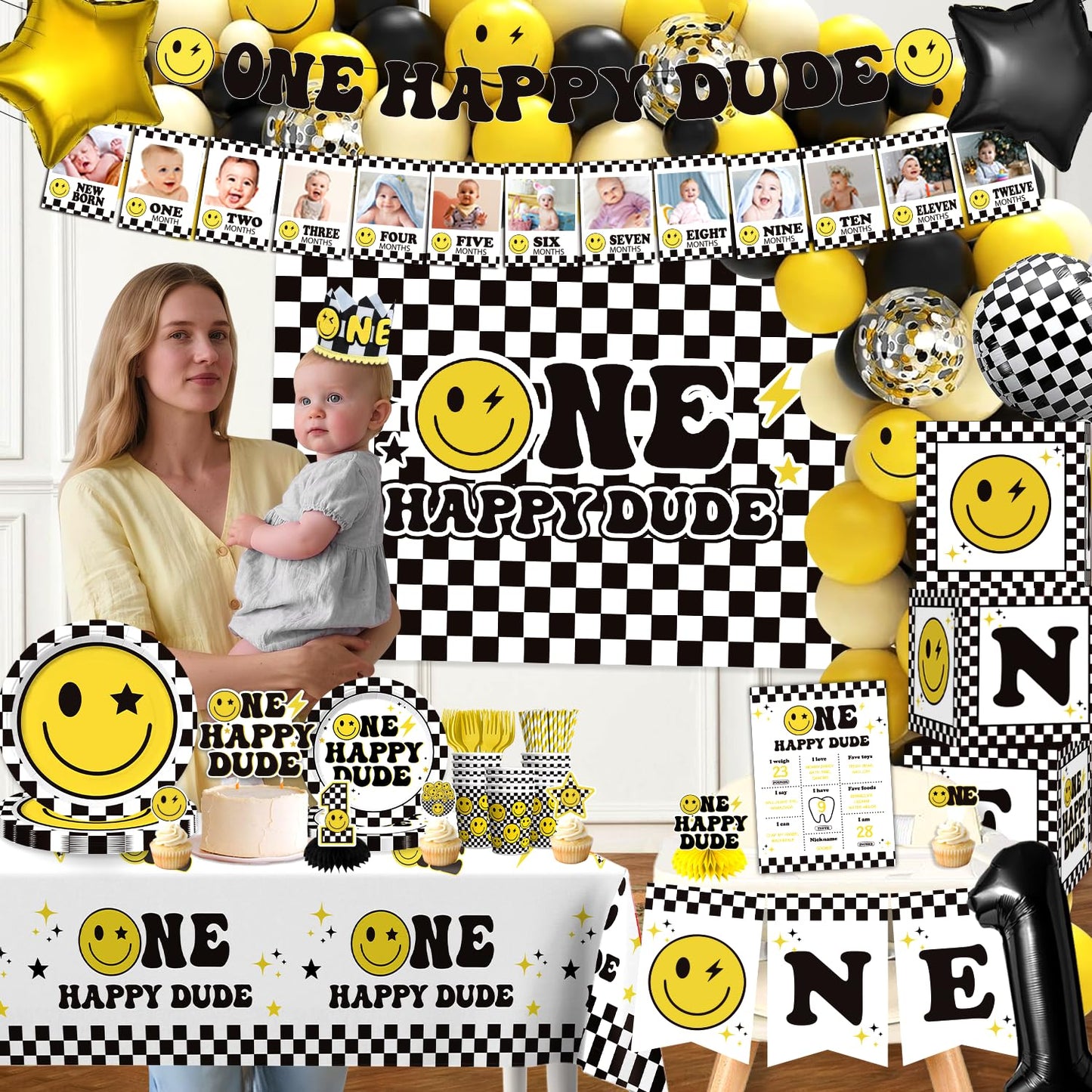 wellspar 245pcs One Happy Dude Birthday Decorations, All-in-1 One Happy Dude Supplies Pack with 20pcs Plates, Napkins, 2pcs Tablecloth, Balloon Arch for First Birthday Decorations for Boy, 20 Guests