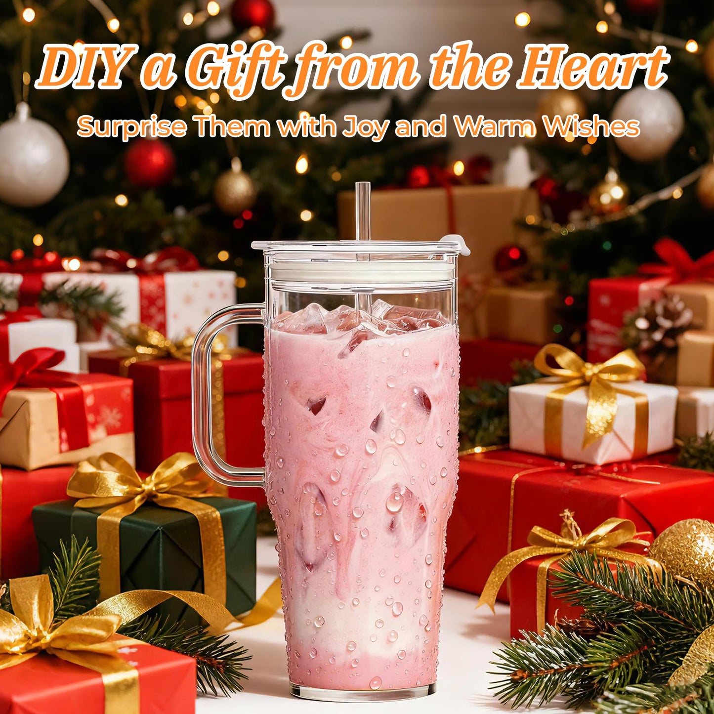 2Pack 40OZ Glass Tumbler with Handle,Glass Cup with Lid and Straw,Reusable Glass Iced Coffee Cup for Beer, Smoothies, Juice,Hot/Cold Drinks-Suitable for Birthday,Wedding