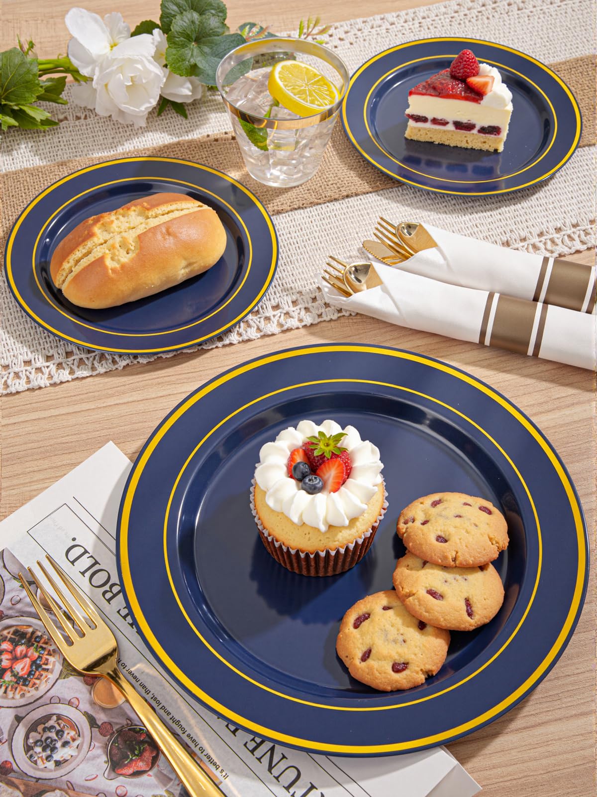 WDF Partyware 175PCS Blue and Gold Plastic Plates - Navy Blue Plates with Pre Rolled Napkins for Party - 25Guest Disposable Dinnerware Sets for Party/Birthday/Wedding/Graduation/4th of July